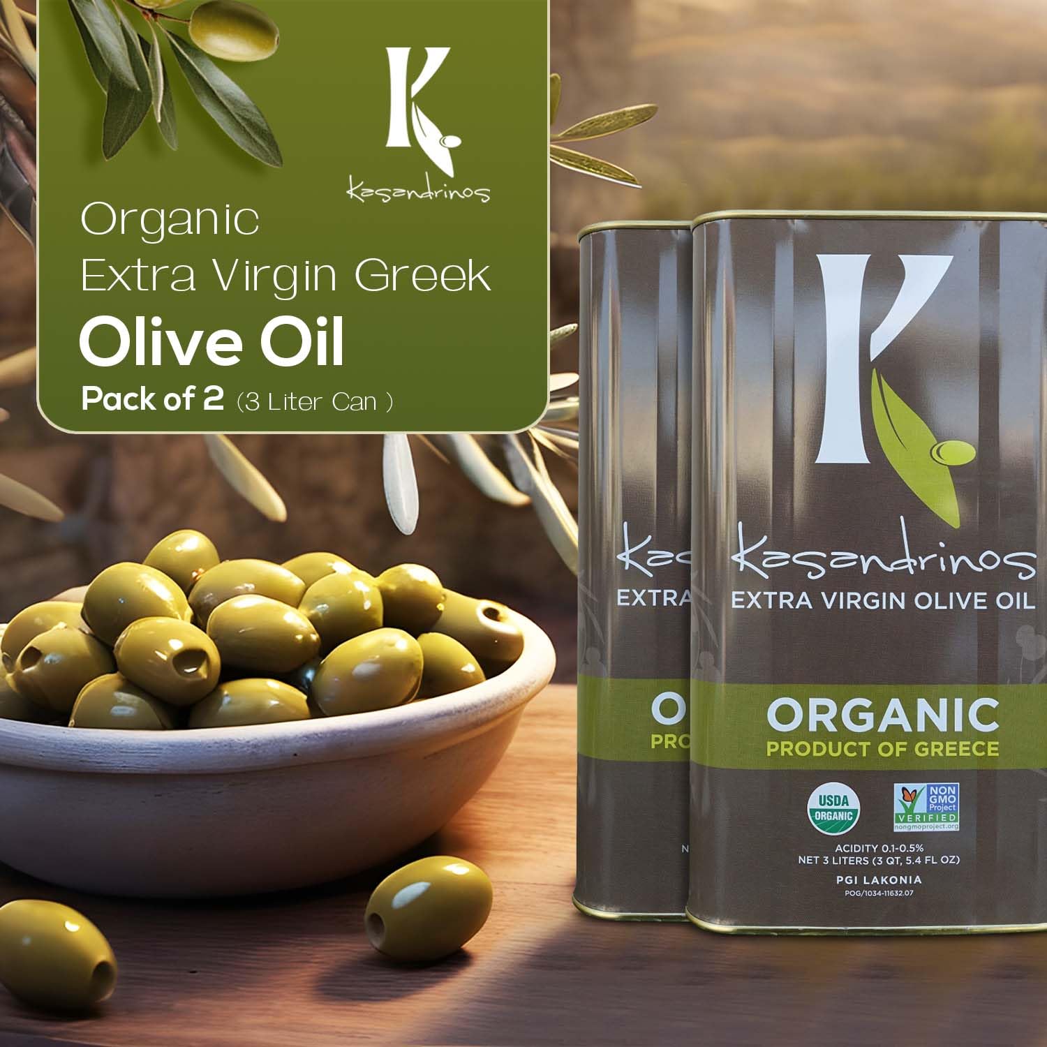 Kasandrinos Organic Olive Oil Extra Virgin, Polyphenol Rich Greek Olive Oil, 100% Organic First Cold Pressed, Mild + Delicate Flavor, Verified by Non GMO, 500 ml / 16.9 oz