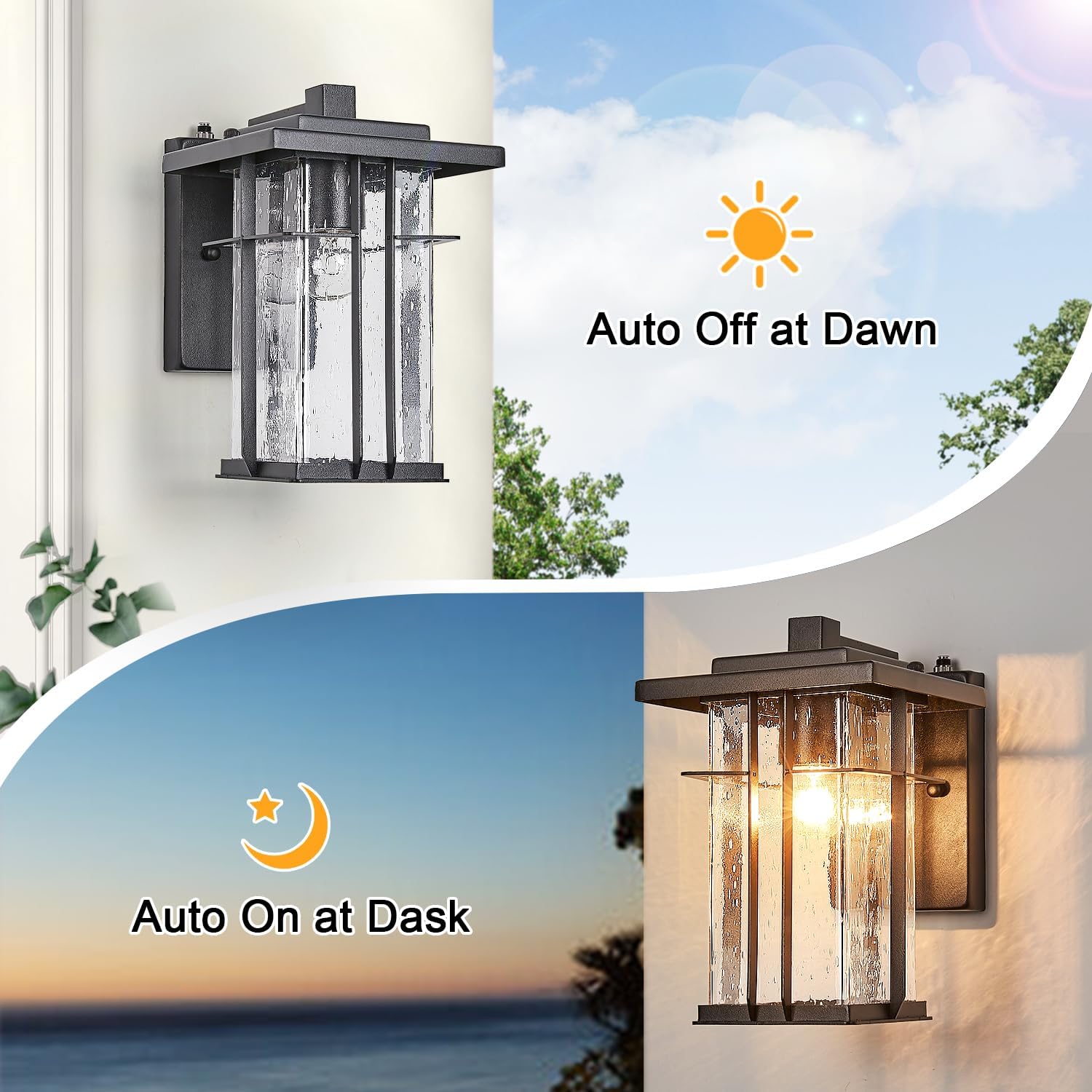 Rustic Dusk to Dawn Outdoor Wall Light Fixture 13.8"H Waterproof Exterior Wall Sconces Black Metal with Seeded Glass Sensor Outdoor Wall Lantern for
