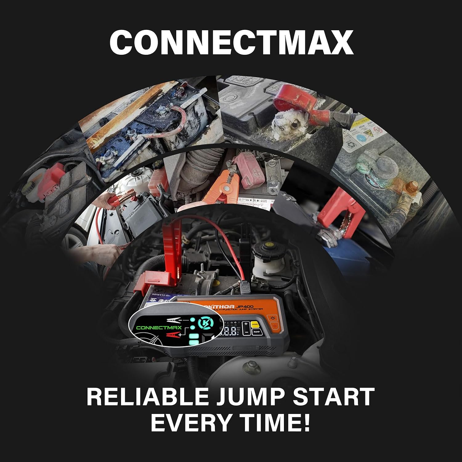 LOKITHOR JP400 Jump Starter with Air Compressor for 8.5L Gas/6.5L Diesel | 2500A 12V Portable Jumper Starter for Car, 150PSI Tire Inflator, 300 Lumen LED Light, Power Bank, ConnectMax, Jumper Cables