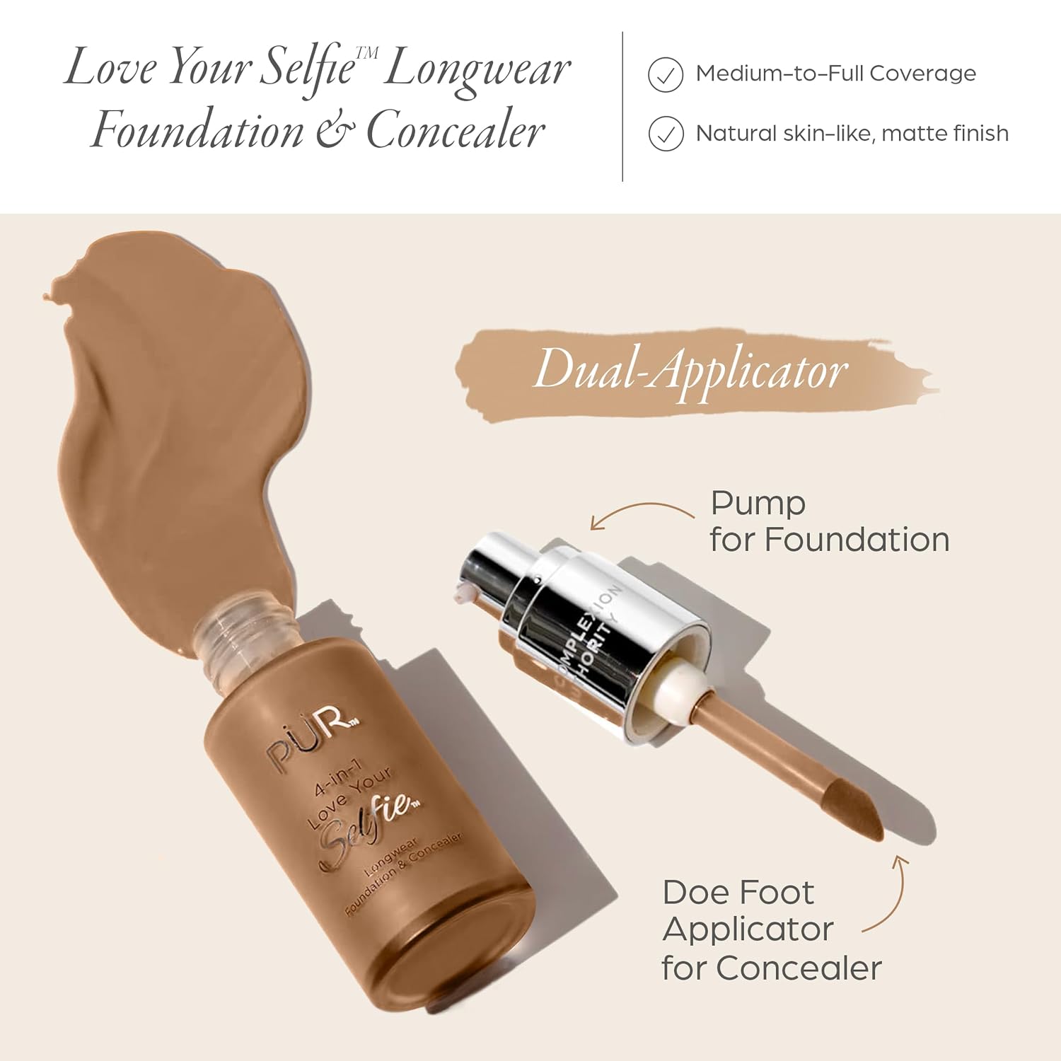 PÜR MINERALS 4-in-1 Love Your Selfie Foundation & Concealer - Longwear Medium-to-Full Coverage Liquid Makeup Foundation with Hydrating Blend for Refined-Looking, Natural Beauty Glow & Skin Texture