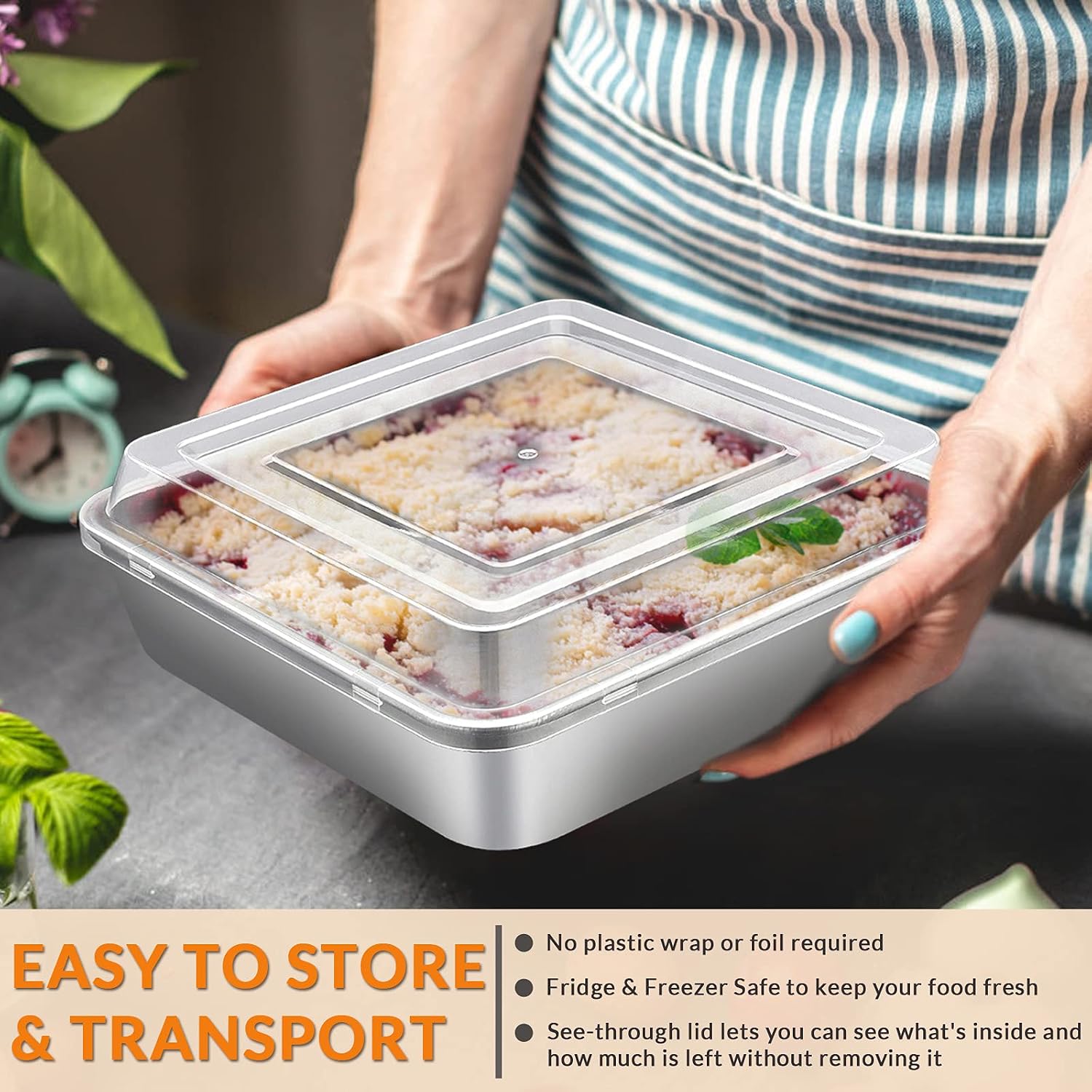E-far 8 x 8-Inch Baking Pan with lid, Square Cake Brownie Baking Pans Stainless Steel Bakeware Set of 2, Non-toxic & Healthy