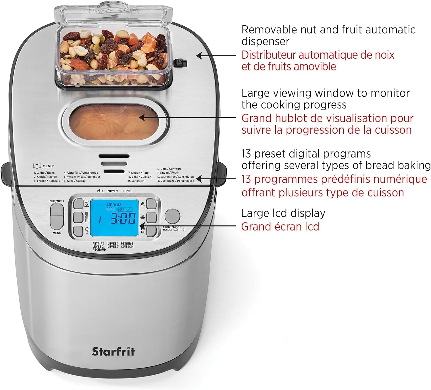 Starfrit Electric Bread Maker, 2lb, 13 Programs, Auto Dispenser, 550W