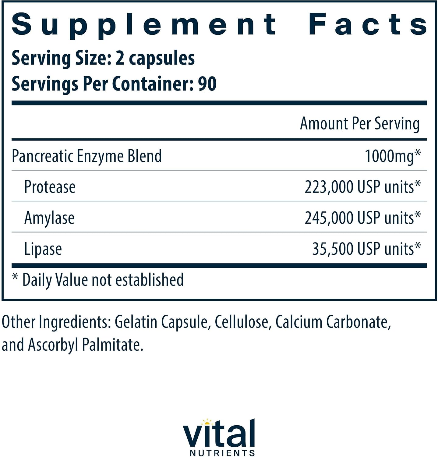 Vital Nutrients Pancreatic Enzymes 1000mg (Full Strength) - Pancreatin Digestion Supplement with Protease, Amylase & Lipase - Digestive Enzymes - Gluten, Dairy, and Soy Free - 90 Capsules