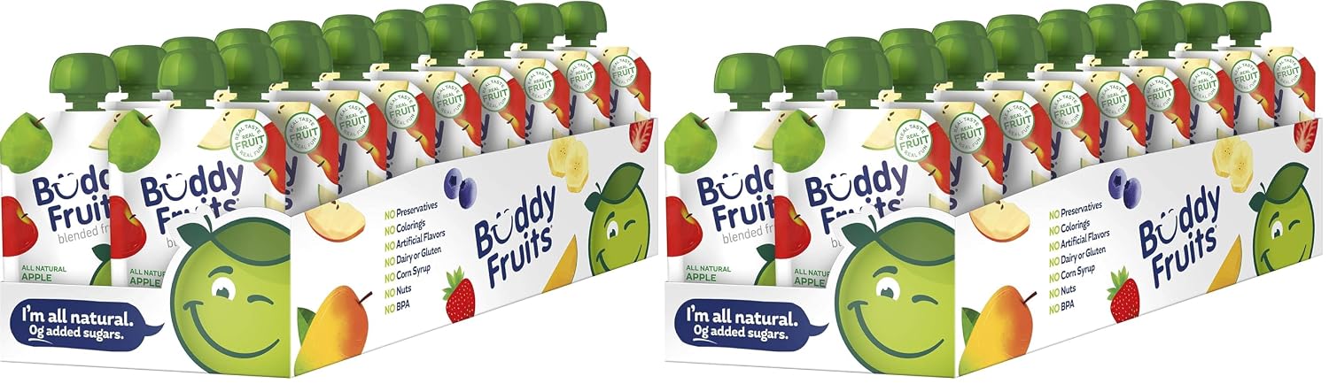 Buddy Fruits Snacks To Go Multifruit Unsweetened Applesauce 3.2oz Pouch (18pk) Gluten-Nut-Dairy-Preservatives-BPA Free, Non GMO, Kosher