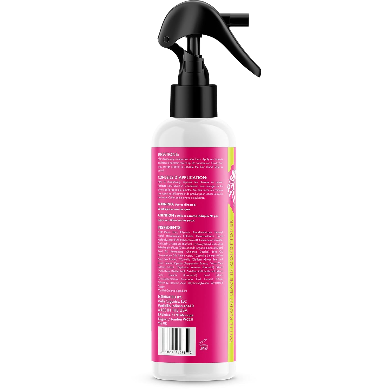 Mielle Organics White Peony Leave-In Conditioner Spray - Ultra-Moisturizing Detangler for Curly & Natural Hair - Frizz Control & Moisture Seal