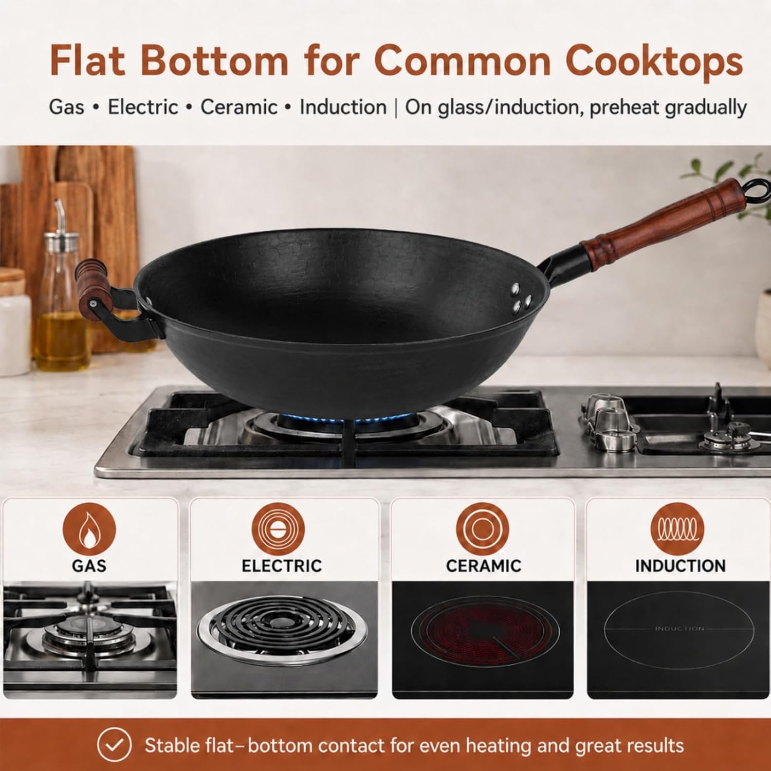 WANGYUANJI 12.6 Inch Cast Iron Wok with Wooden Lid, Handcrafted Flat Bottom Chinese Stir Fry Pan, Uncoated Heavy-Duty Iron Wok for Induction, Gas