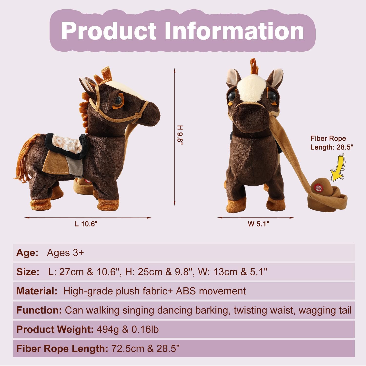 Marsjoy Walking Pony Toy Musical Singing Dancing Plush Interactive Pony Walk Along Horse with Leash Plush Stuffed Animal Shaking Head Buttocks Toy