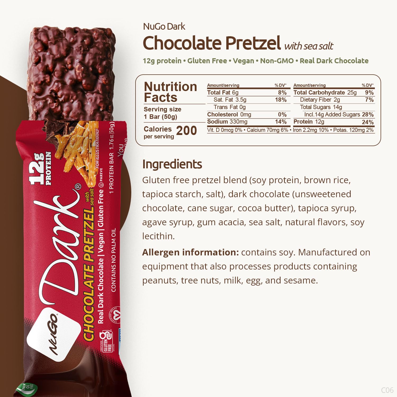 NuGo Dark, Mint Chocolate Chip, 13g Vegan Protein Bar, Gluten Free, 24 CT