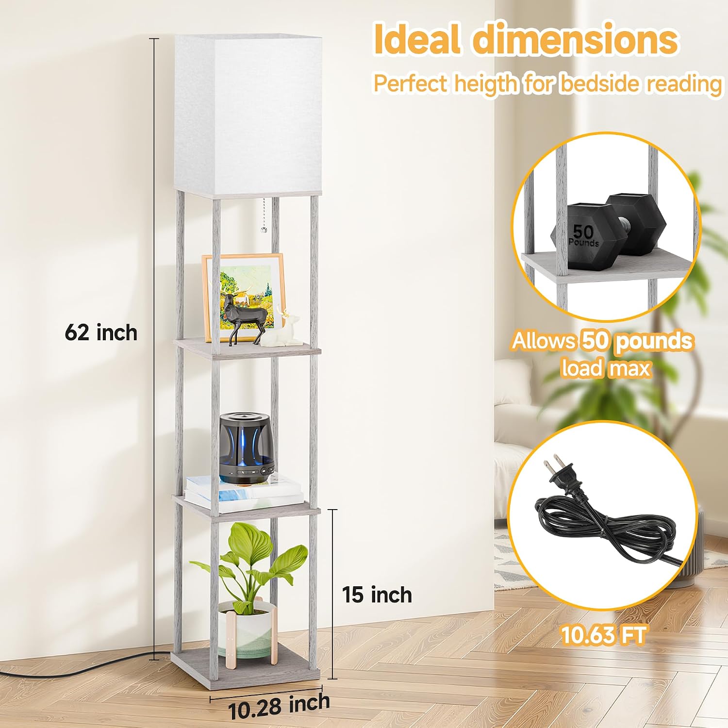 SHINE HAI Floor Lamp with Shelves, 3-Tier Square Modern Shelf Lamp