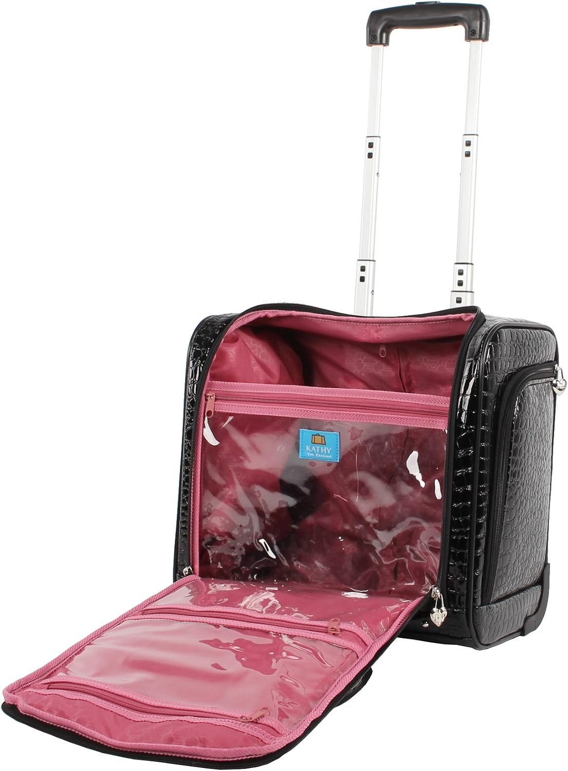 Kathy Van Zeeland Croco PVC Designer Underseat Luggage - 15 Inch Carry On Suitcase for Women- Lightweight Under Seat Bag with 2-Rolling Spinner Wheels (Burgundy)