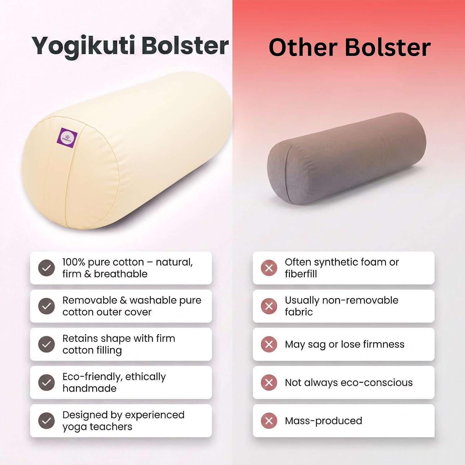 Yogikuti Iyengar Yoga Bolster Pillow – 100% Cotton Cylindrical Bolster for Restorative Yoga & Meditation – Firm & Durable Support Cushion with