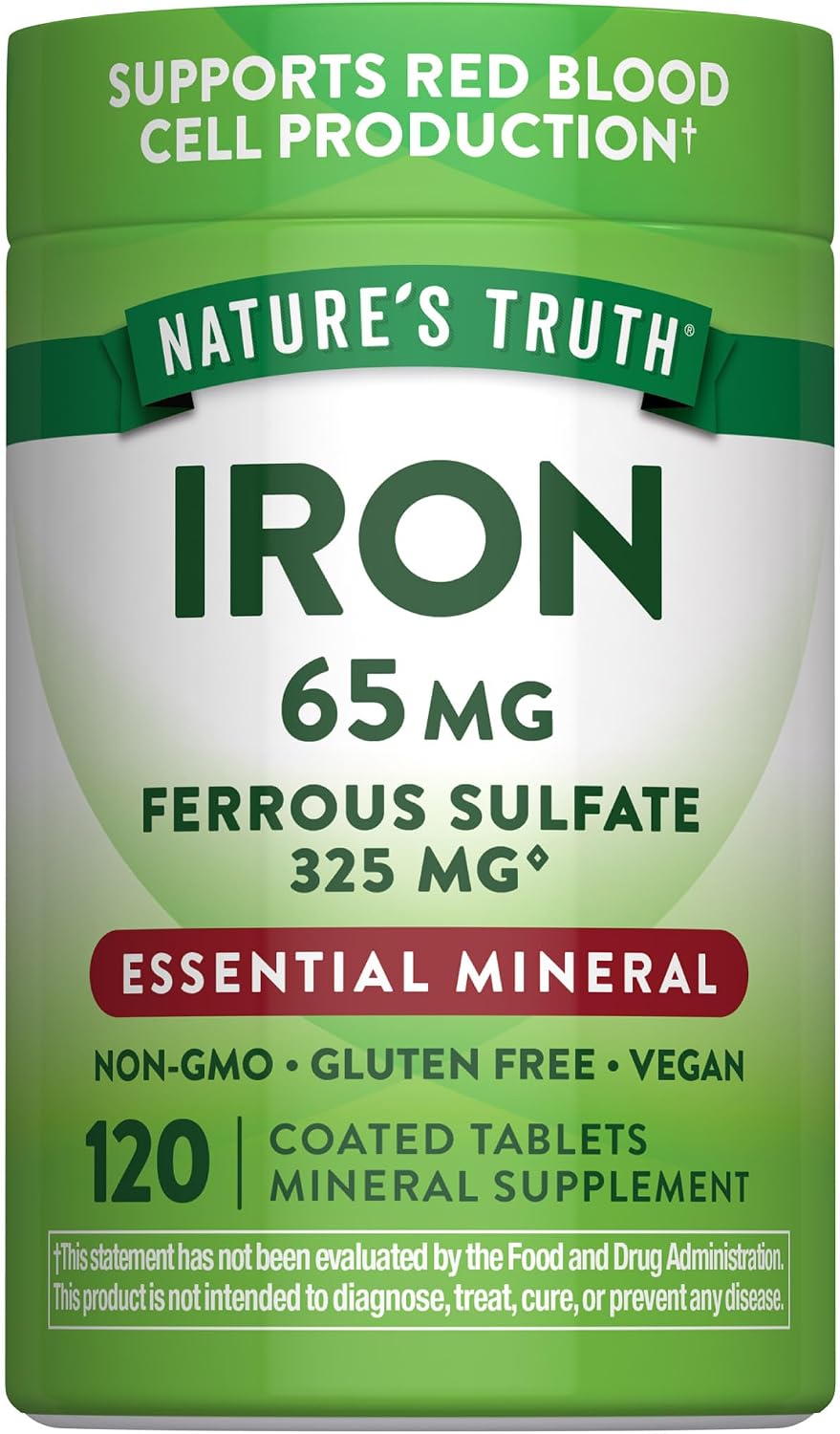 Nature's Truth Iron Supplement | 65mg | 120 Tablets | 325mg Ferrous Sulfate | Vegan, Non-GMO & Gluten Free Pills
