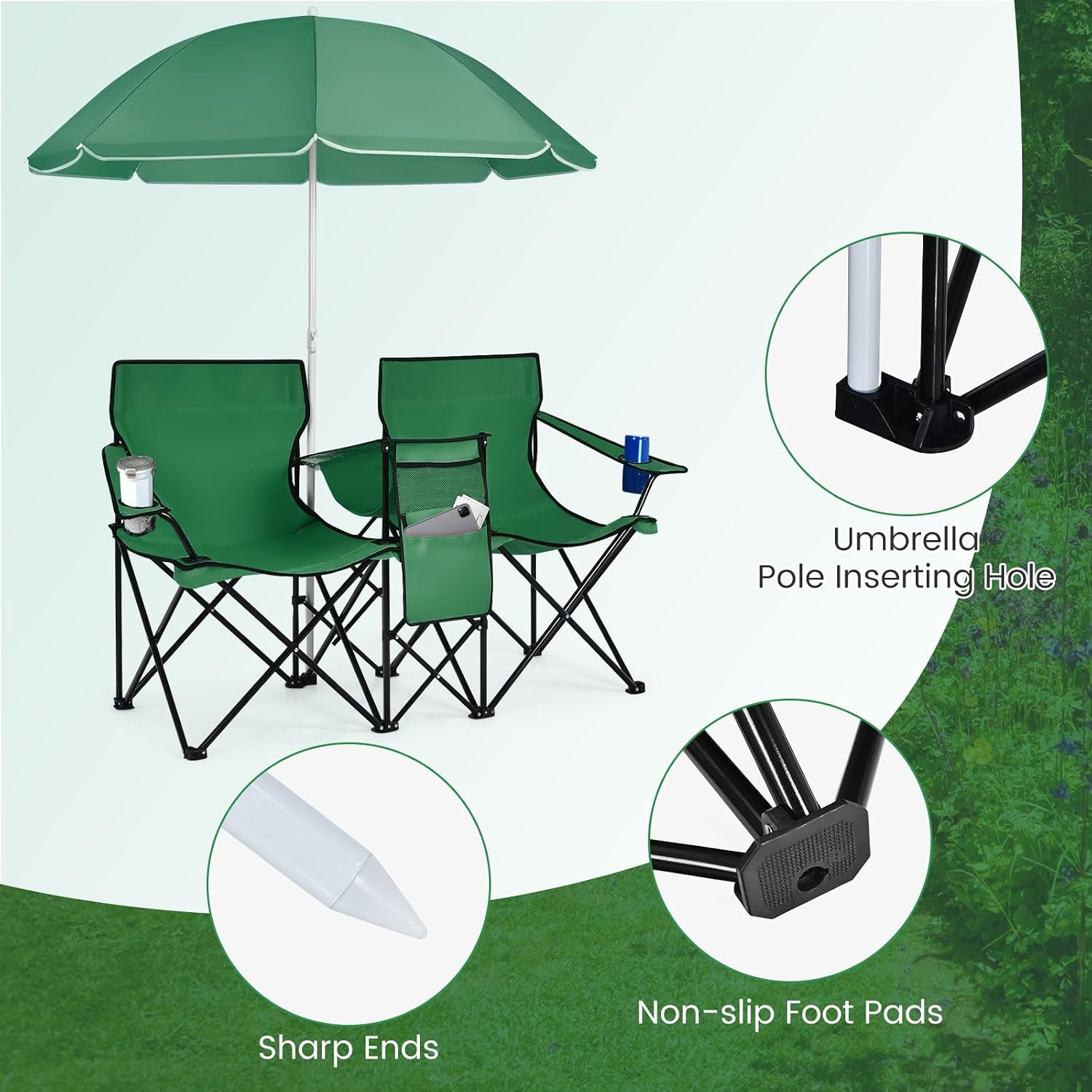 COSTWAY Double Portable Picnic Chairs, Folding Camping Chairs w/Detachable Umbrella, Cooler Bag, Cup Holders, Patio Beach Camping Chairs for Outdoors, Blue | Detachable Umbrella, Cooler Bag, Cup Holders, Patio Beach Camping Chairs for Outdoors, Blue