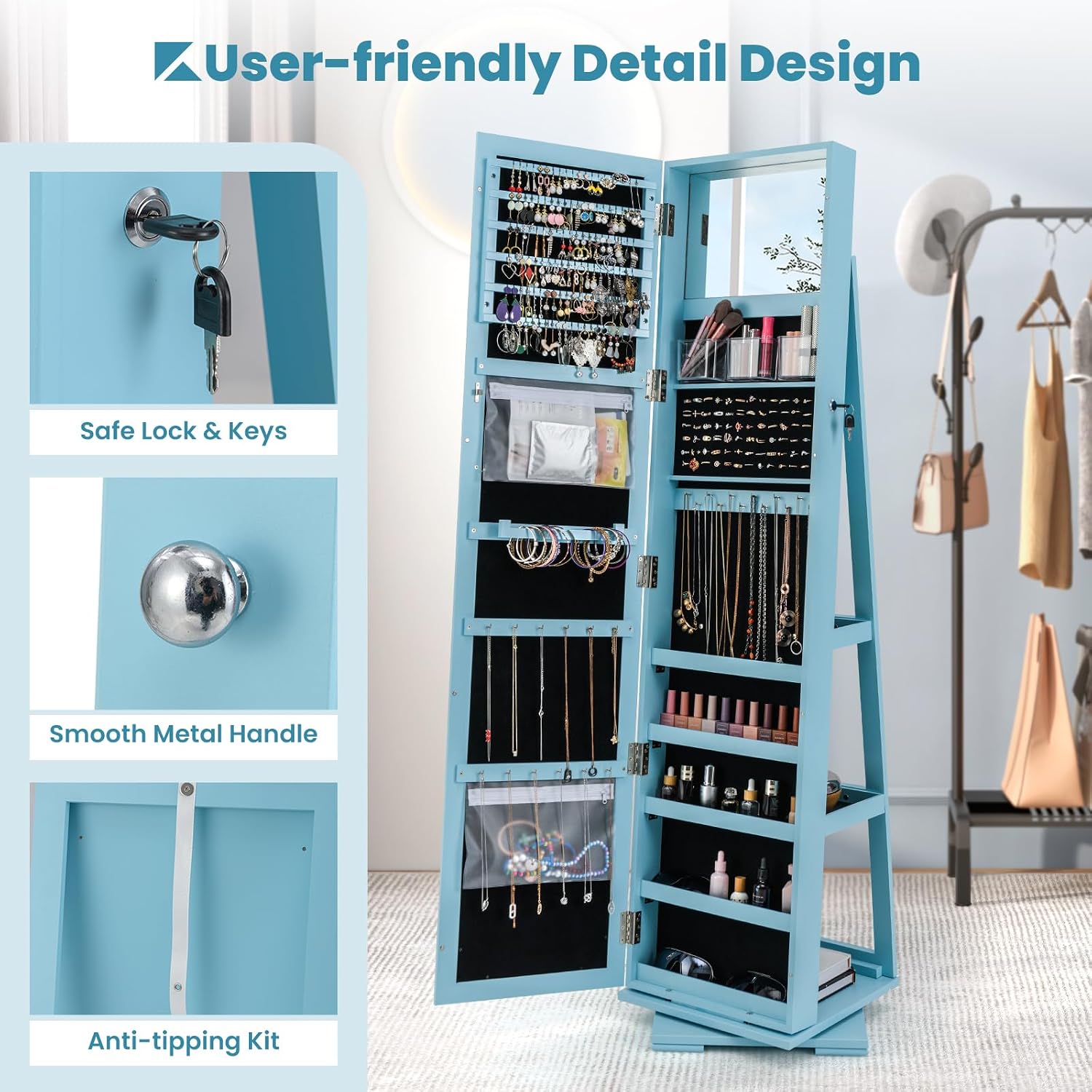 CHARMAID 360° Swivel Jewelry Armoire with Higher Full Length Mirror, Standing Lockable Jewelry Cabinet Organizer with Large Storage Capacity