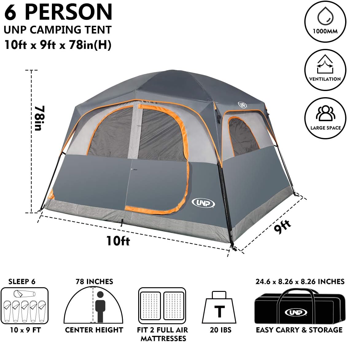 UNP 6 Person Tents for Camping Waterproof Family Cabin Tent with Rainfly