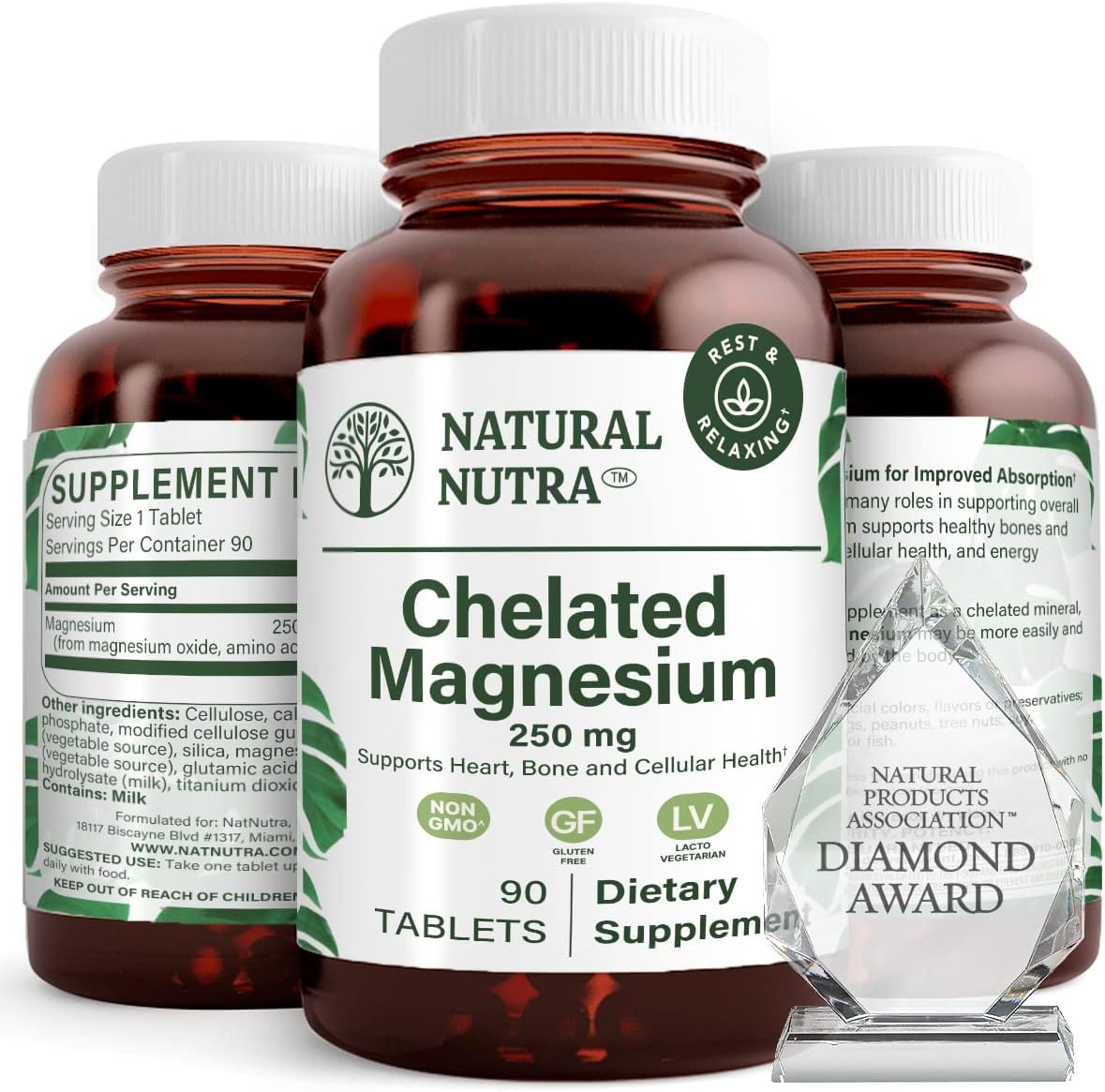 Natural Nutra Chelated Magnesium Oxide 250 mg - High Absorption for Strong Bones, Heart Health, Dental Health, Energy Boost, Gluten-Free, Non-GMO, 180 Tablets in BPA-Free Recyclable Glass Bottles