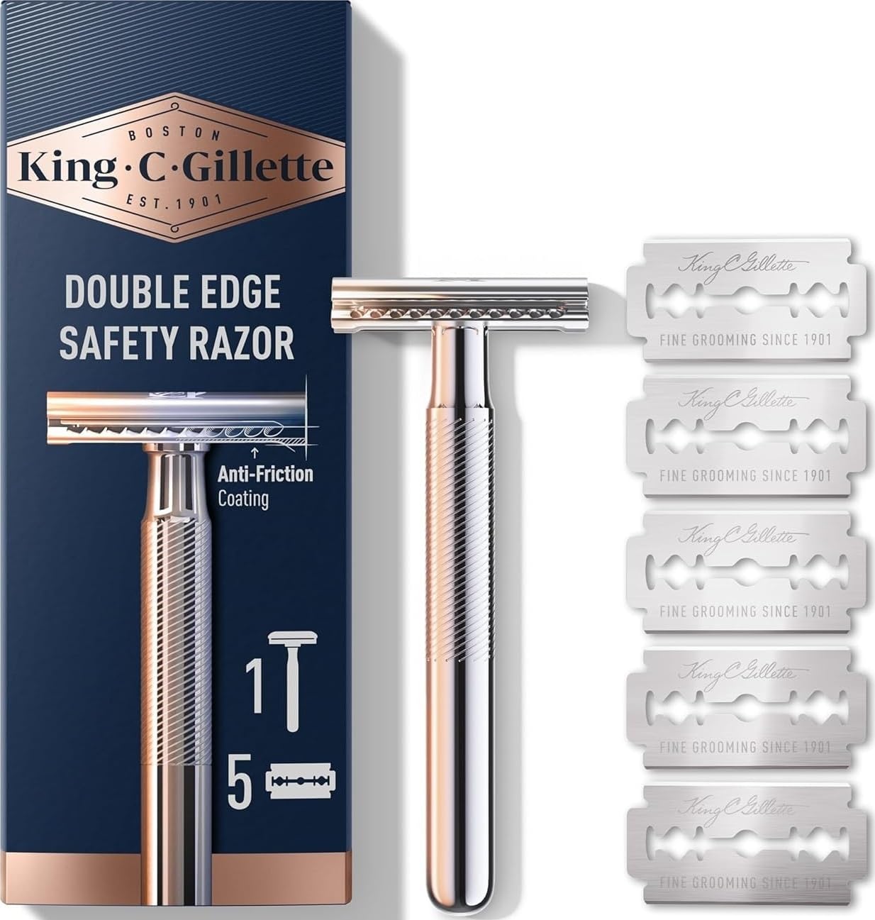 King C. Gillette Safety Razor with Chrome Plated Handle and 5 Platinum Coated Double Edge Safety Razor Blade Refills