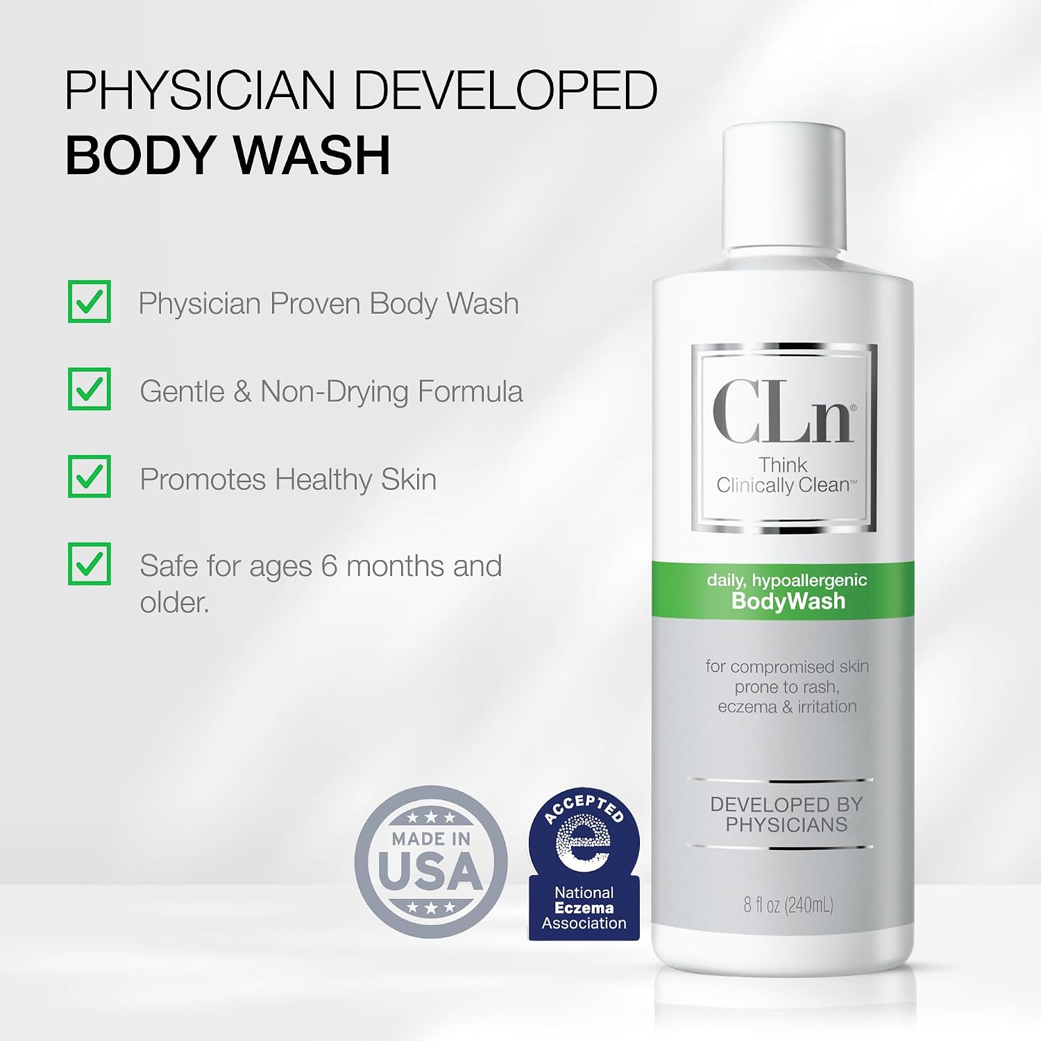 CLn® BodyWash - Non-Drying Body Wash, For Compromised Skin Prone to Eczema, Dermatitis, Rash & Hidradenitis Suppurativa, Fragrance-Free & Paraben-Free, 8 fl oz.
