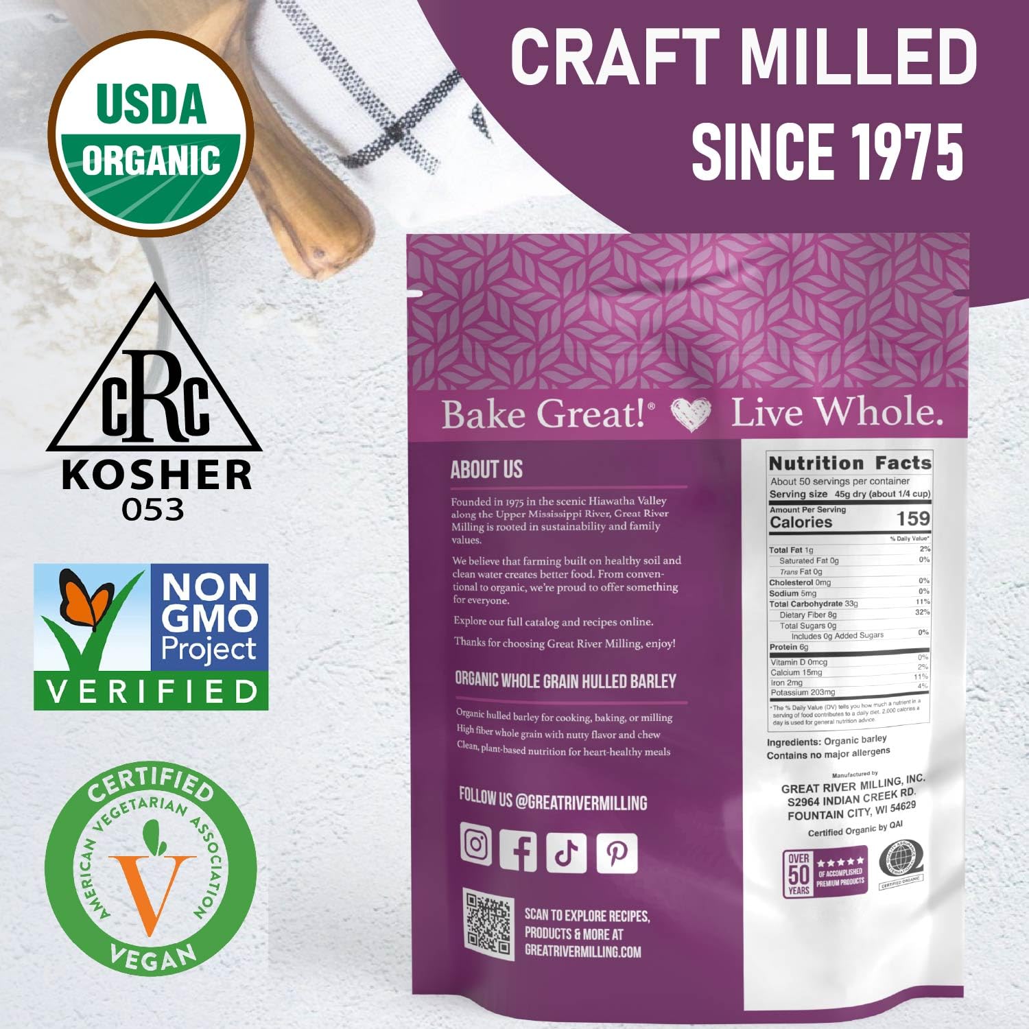 Great River Milling Organic Hulled Barley, Whole Grain, 25 lb | Organic Hulled Barley for soups, stews, pilaf, porridge, salads, grain bowls and home milling; chewy whole-grain texture and