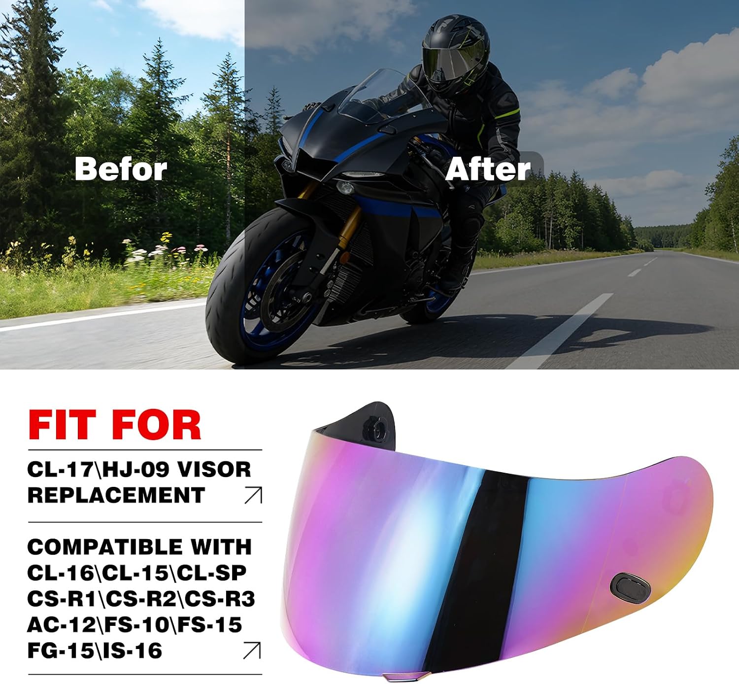 VCOROS Motorcycle Helmet Face Shield Visor Repalcement for HJ-09 CL-15 CL-17 CL-16 CL-SP AC-12 FS-10 CS-R1 IS-16 CS-R2 Shield (Smoke)