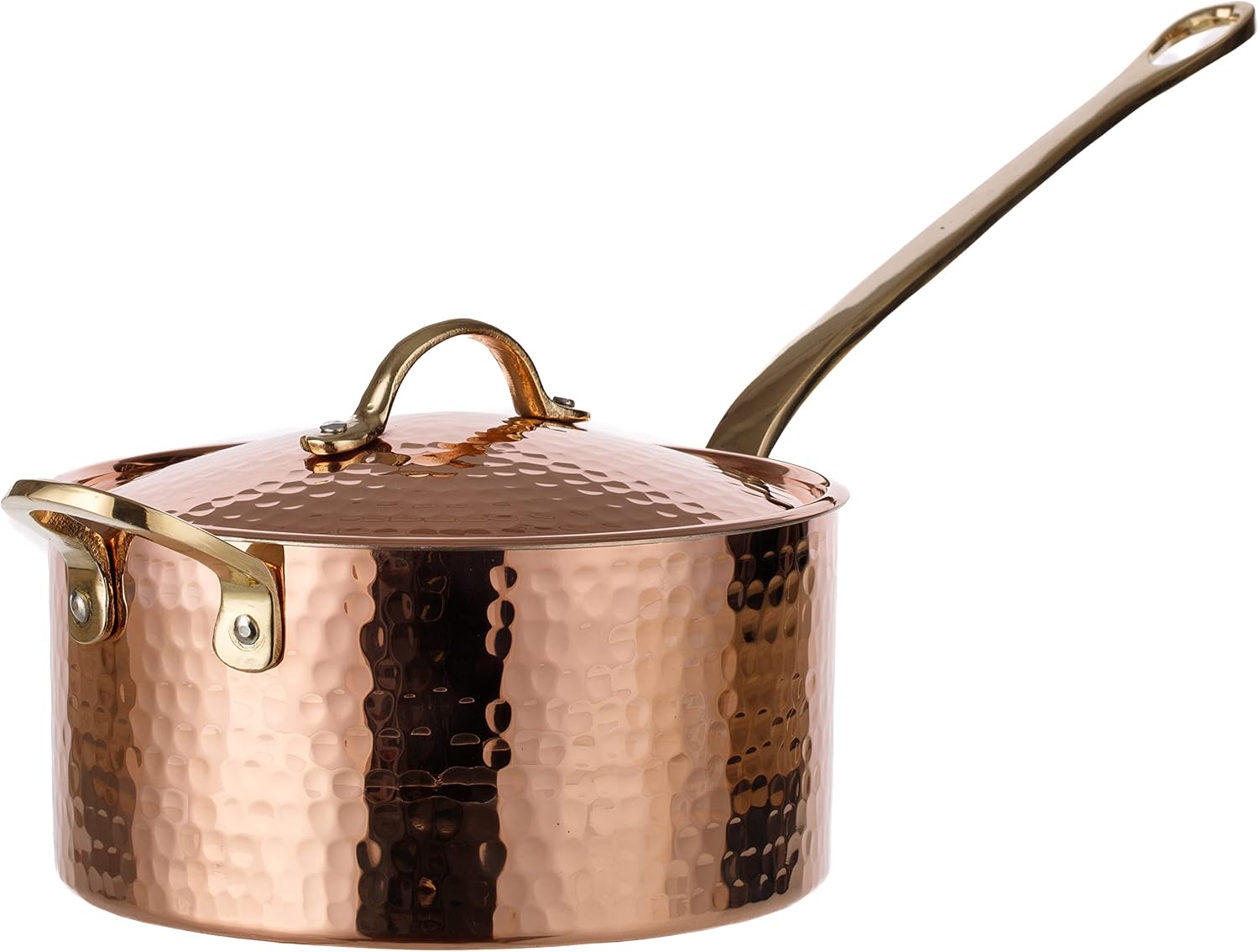 DEMMEX 1.2mm Thick Hammered Uncoated Copper Saucepan with Lid & Helper Handle, Food-Safe Tin Lined (1.7-Quart)