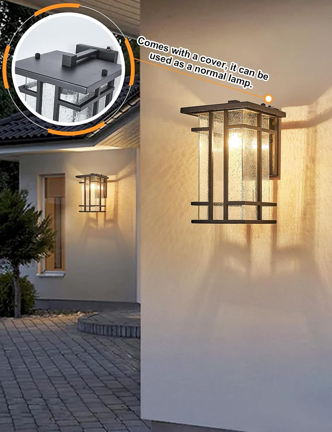 Rustic Dusk to Dawn Outdoor Wall Light Fixture 13.8"H Waterproof Exterior Wall Sconces Black Metal with Seeded Glass Sensor Outdoor Wall Lantern for