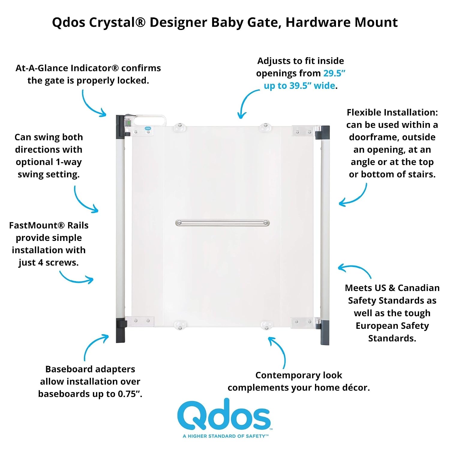 Qdos Safety Crystal Designer Baby Safety Gate - Meets Tougher European Standards - Modern Design and Unparalleled Safety - Beauty & Safety Together