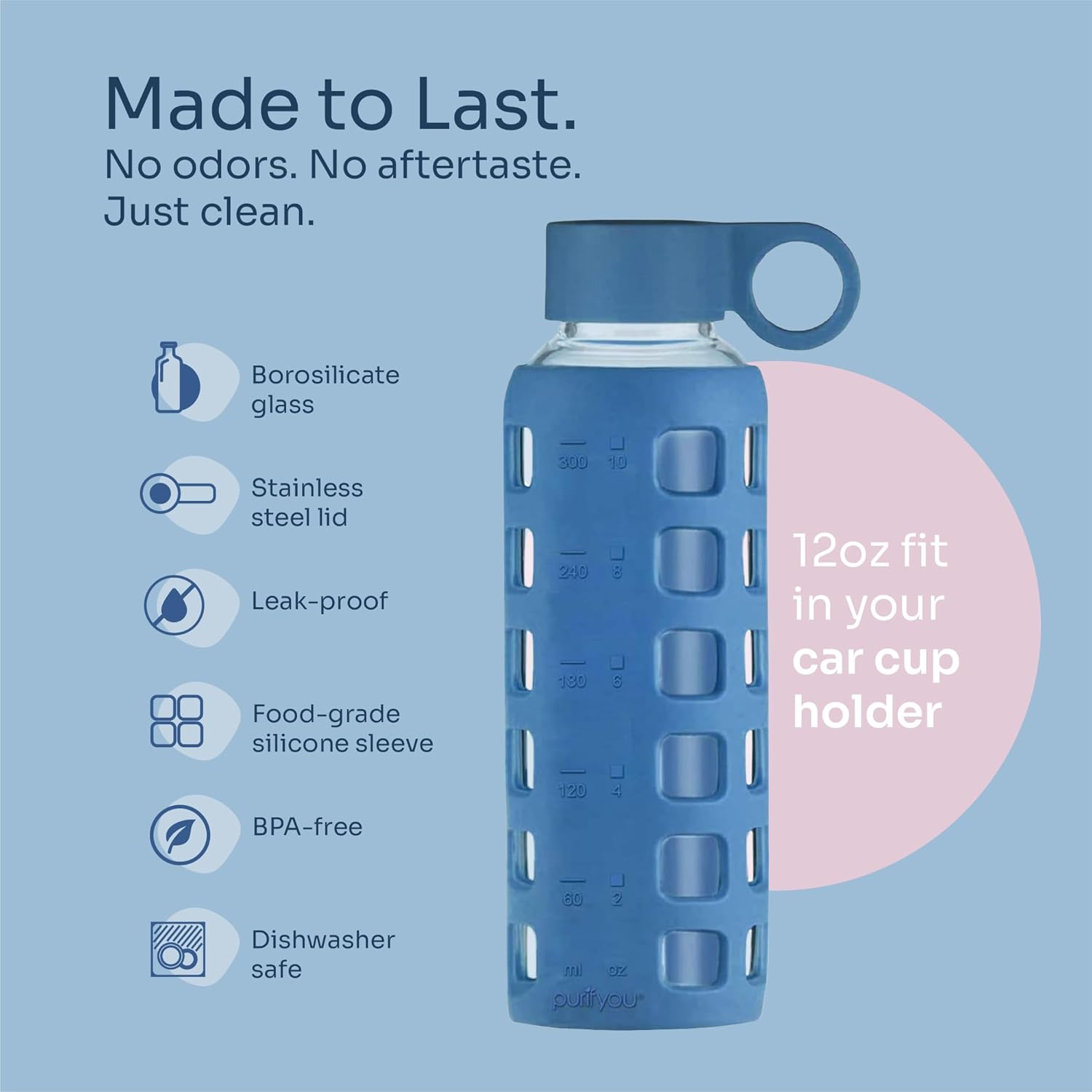 purifyou 40oz / 32oz / 22oz / 12oz Borosilicate Glass Water Bottle with Time & Volume Markers, Silicone Sleeve