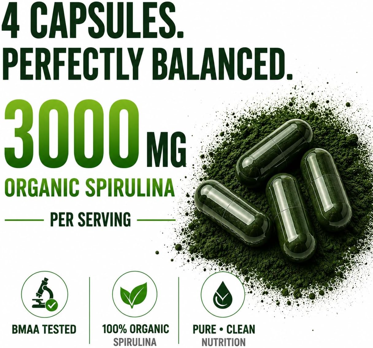 Spirulina Powder Capsules 3000 mg - Purest Non-Irradiated Blue Green Algae - Best Raw Vegan Protein - Green Superfood - Natural Multivitamins –