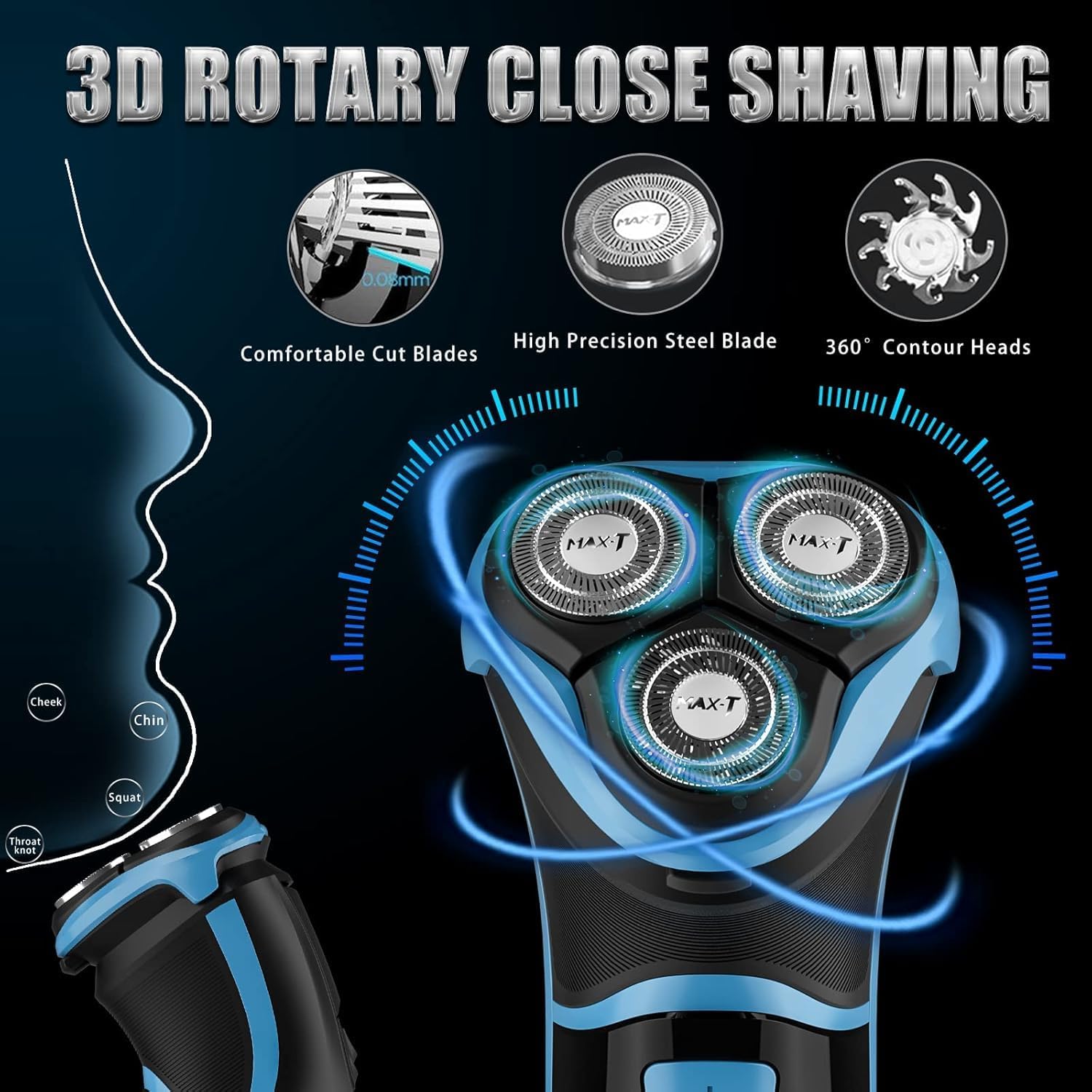 Men's Electric Shaver - MAX-T Corded and Cordless Rechargeable 3D Rotary Shaver Razor for Men with Pop-up Sideburn Trimmer Wet and Dry, IPX7 Waterproof, Plug & Play