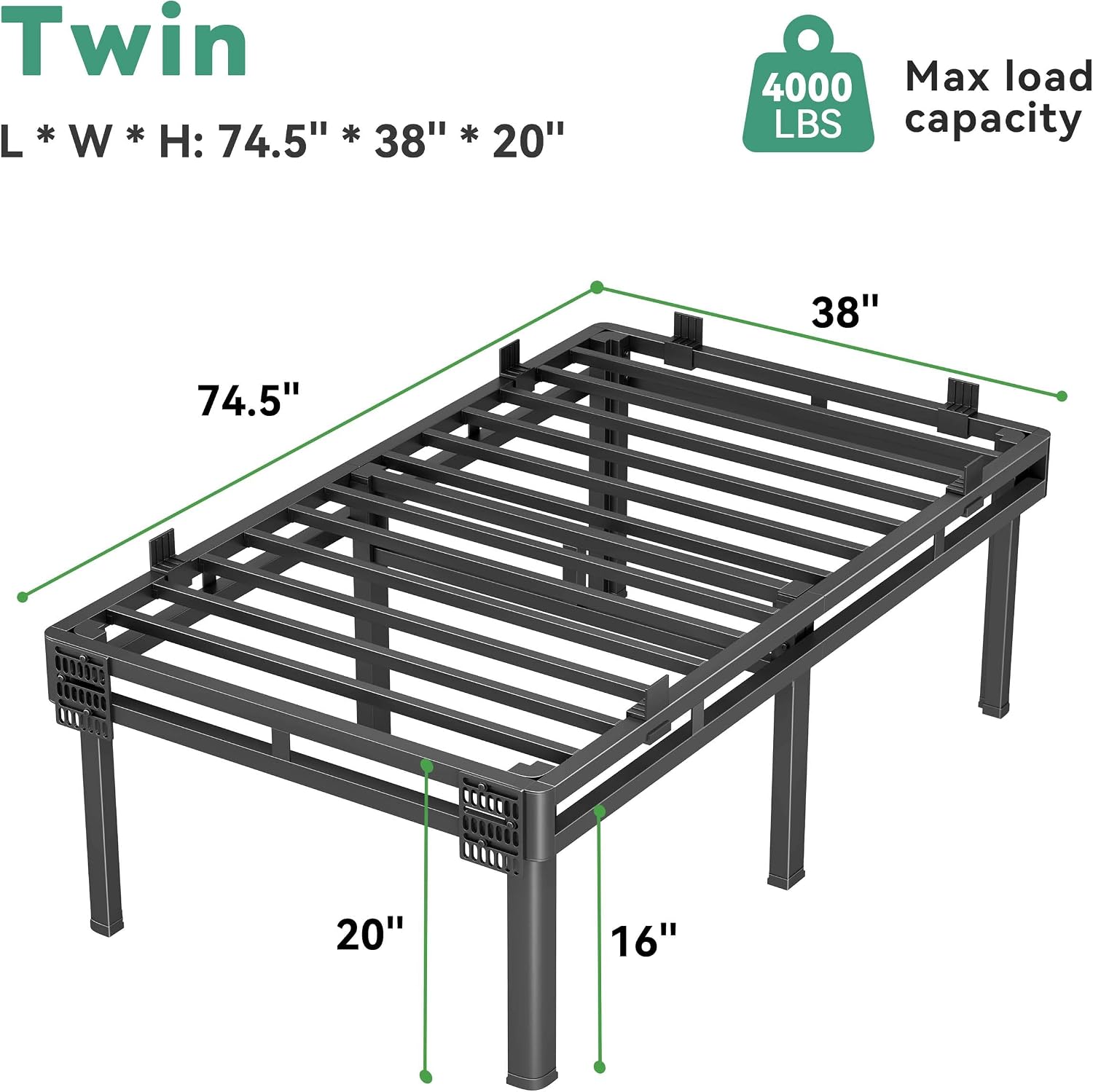 Superay 24 inch HIgh Queen Bed Frame with Rounded Legs, Double Layer Design | Metal Bed Frame & Box Spring 2 in 1 High Platform with Matress Gasket & headboard Adapter, Heavy Duty Support 4000lbs, Black