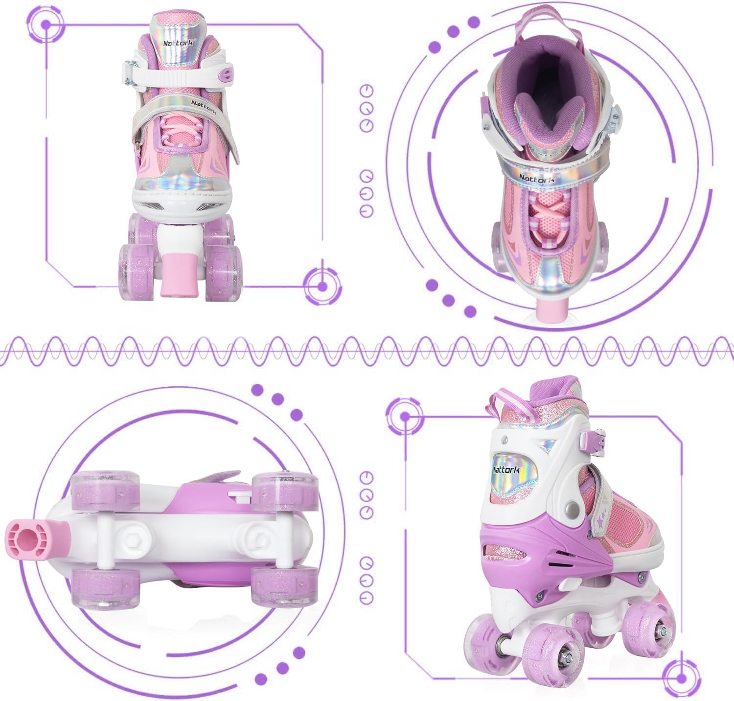 Nattork Kids Roller Skates for Boys Girls Kids, 4 Sizes Adjustable Quad Skates with All Light up Wheels - Birthday Gift for Indoor Outdoor Sports