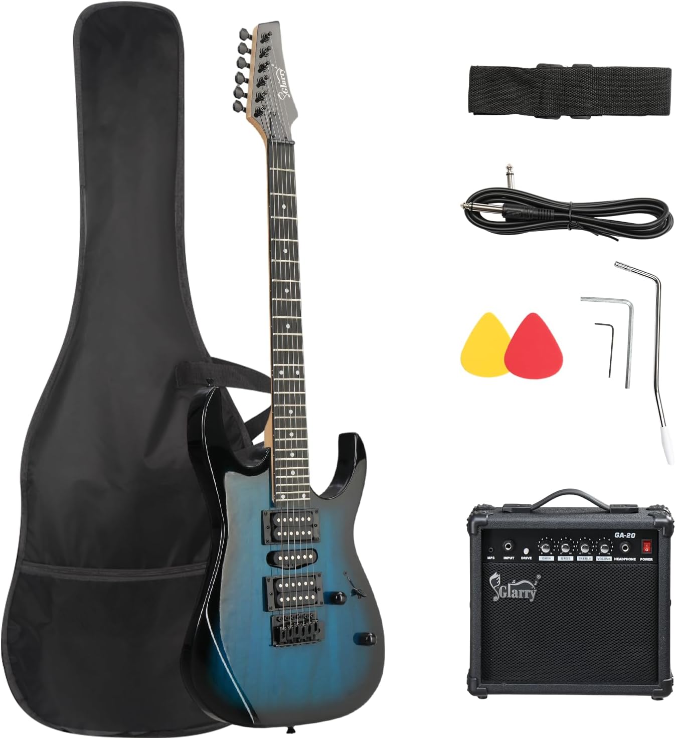 GLARRY 39" Full Size Electric Guitar Kit for Beginners, Starter Electric Guitar Set with 20W Amp & HSH Pickups, Model 170 (Black-White)
