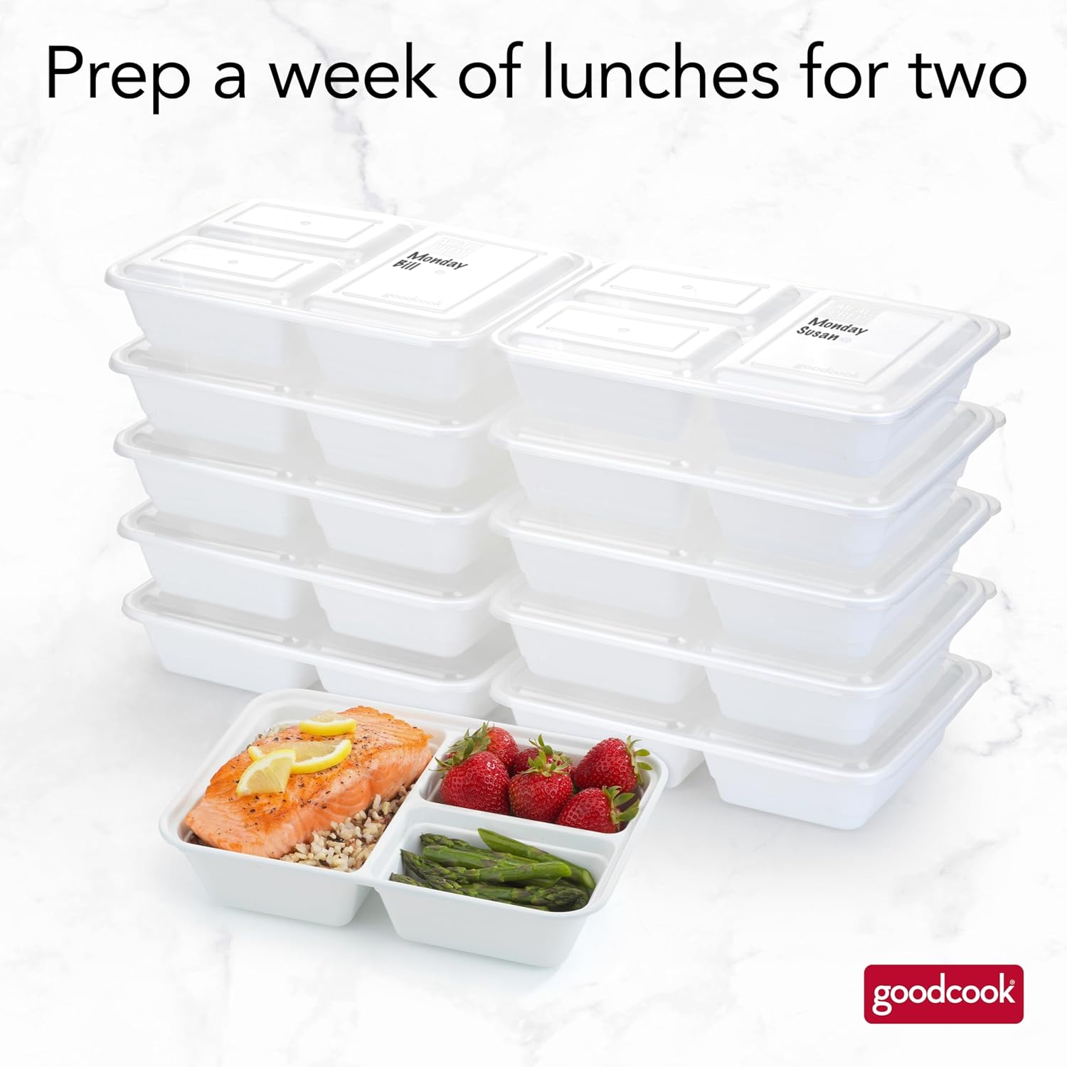 GoodCook Food Storage Containers for Meal Prep Rectangle Three Compartments & Made without BPA, 20-Piece, White