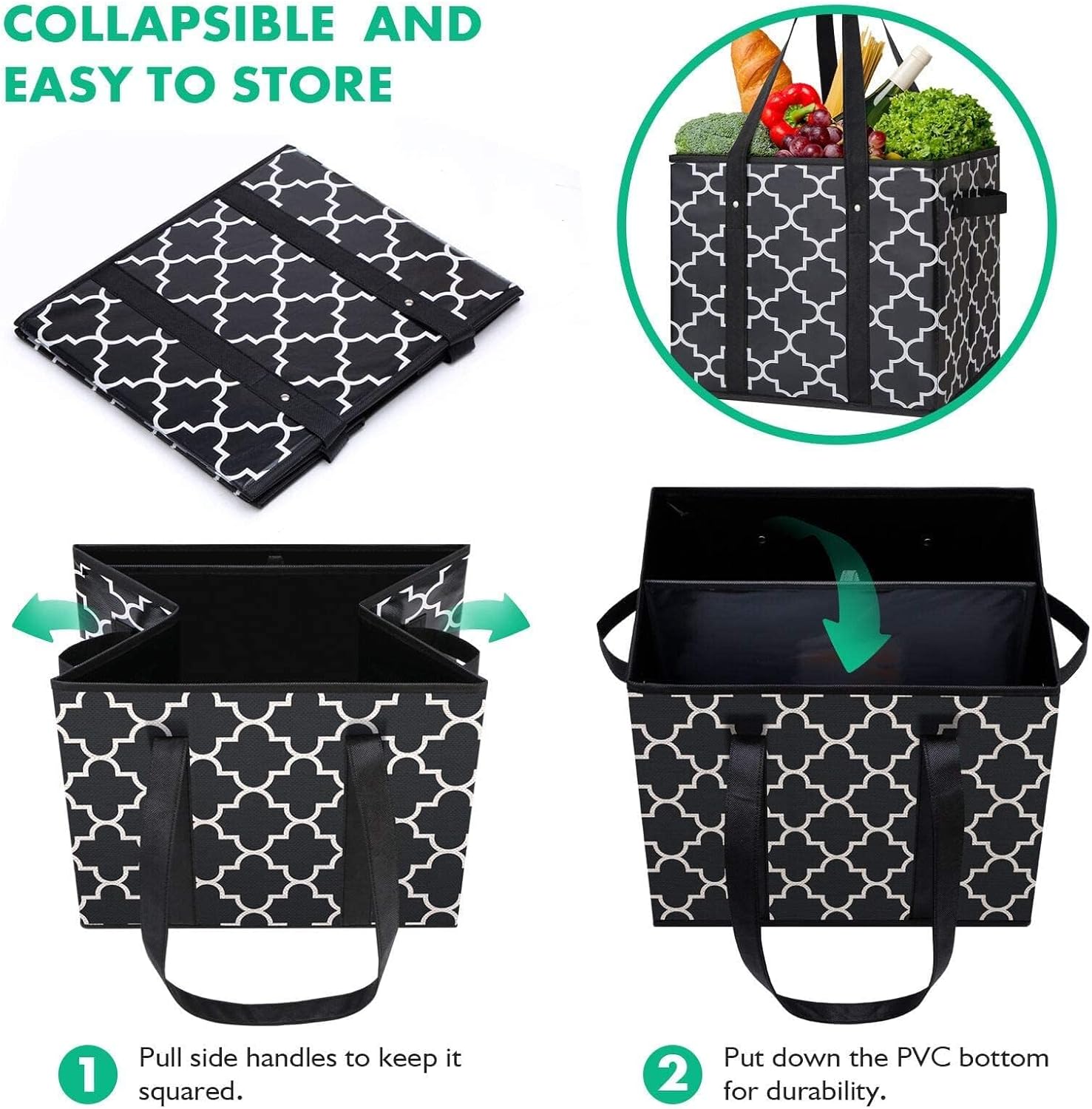WISELIFE Reusable Grocery Bags 3-Pack Foldable Washable Large Storage Bins Basket Water Resistant Shopping Tote Bag Black