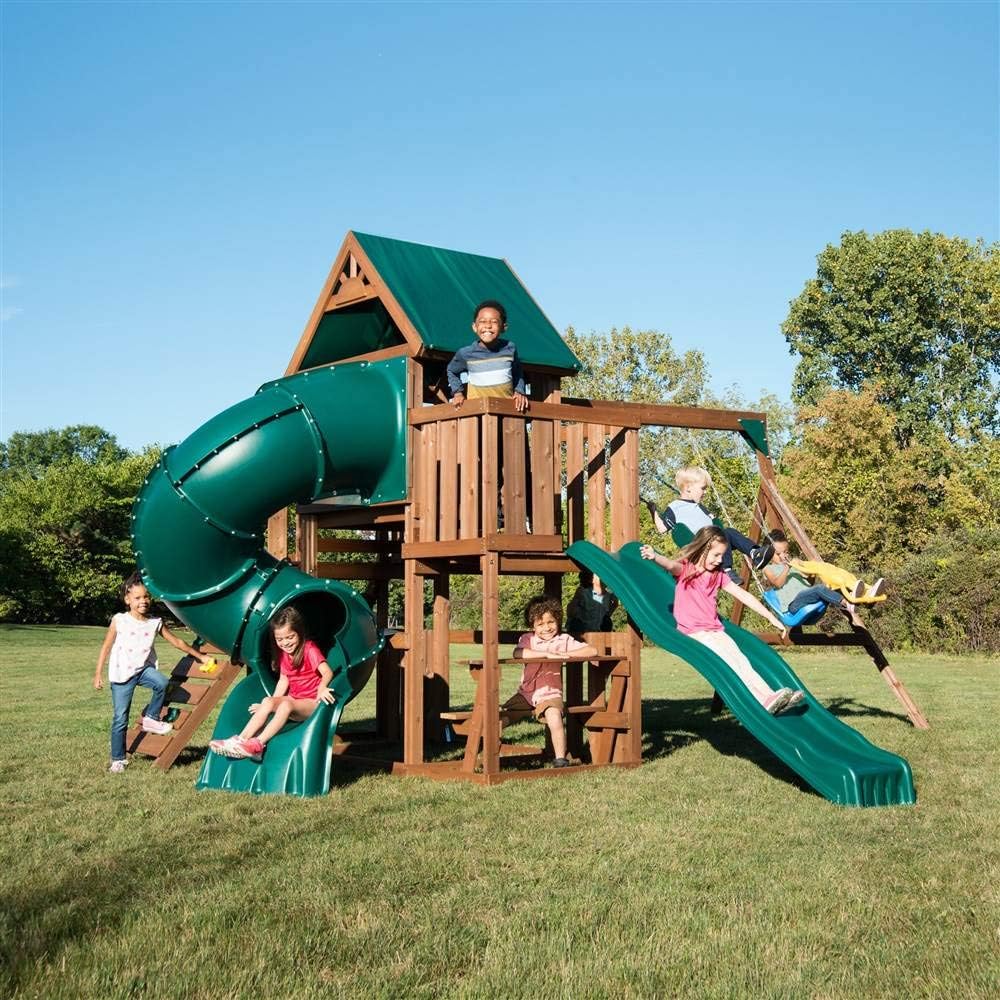 Swing-N-Slide WS 8359 Tellico Terrace Wood Swing Set with Two Slides, Climbing Wall & Swings, Brown