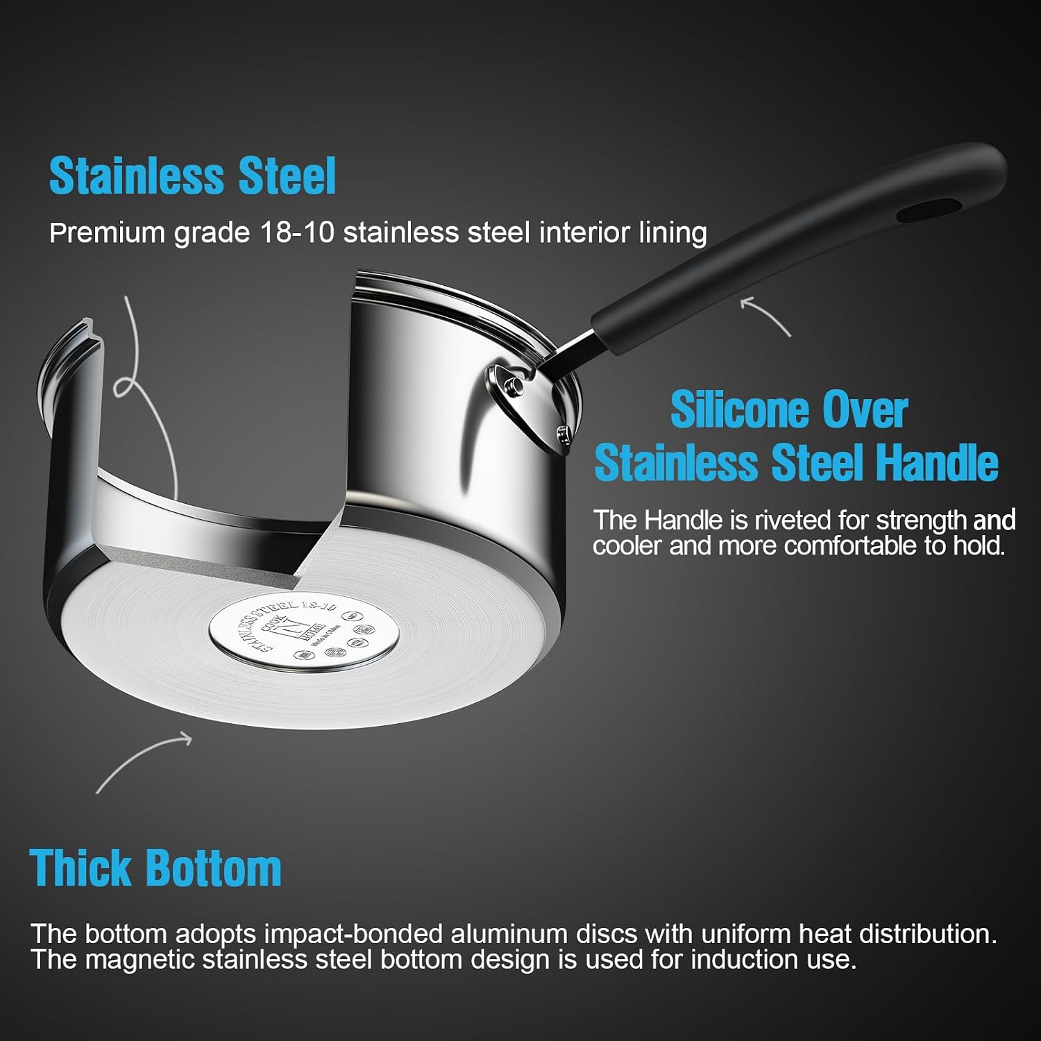 Cook N Home Professional 2 Quart Stainless Steel Saucepan with Lid, Small Kitchen Induction Cooking Sauce Pot Pan, Stay-Cool Silicone Handle, Dishwasher Safe