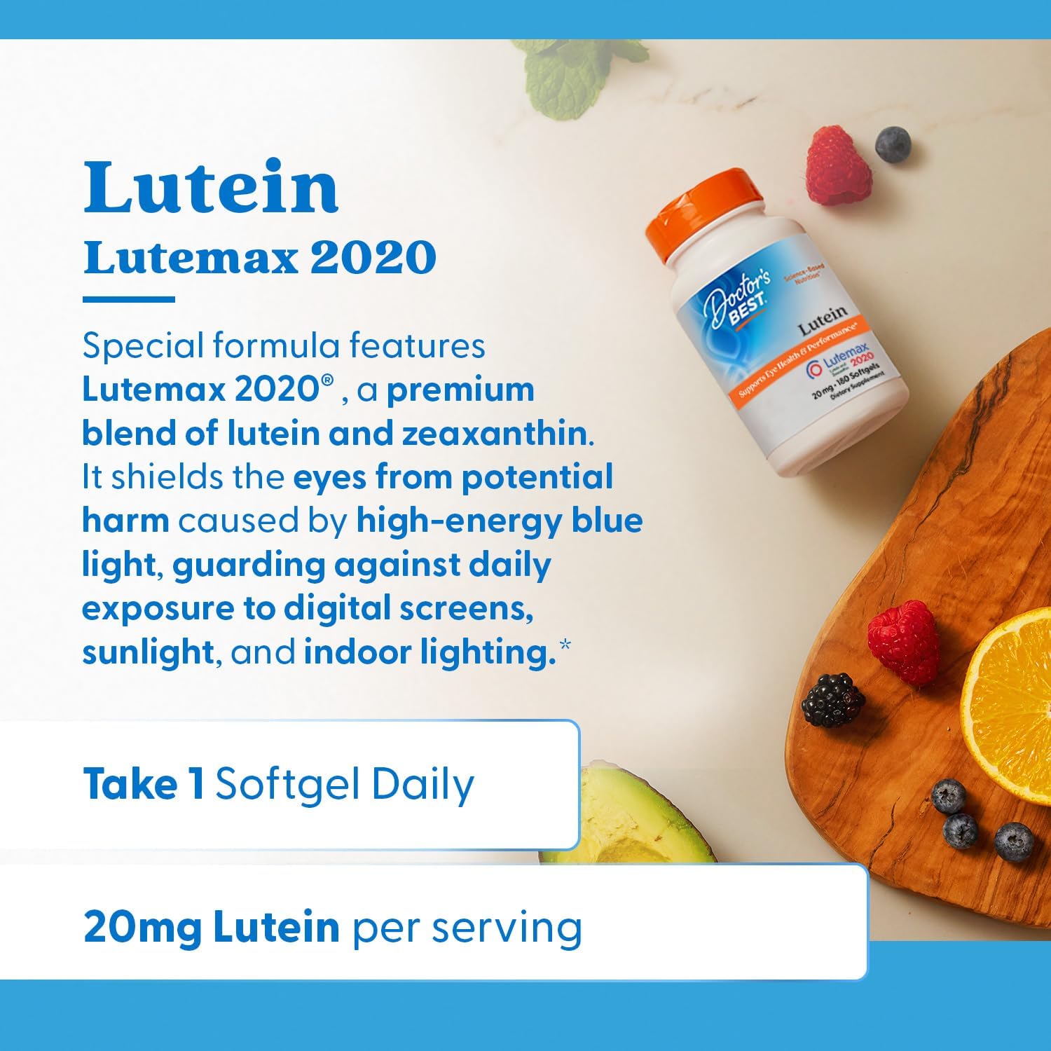 Doctor's Best Lutein Supplement 20mg with Zeaxanthin - Lutein for Eyes, Eye Health Vitamins for Men & Women, Vision and Macular Health Support, Lutemax 2020 Marigold Flower Extract - 180 Softgels