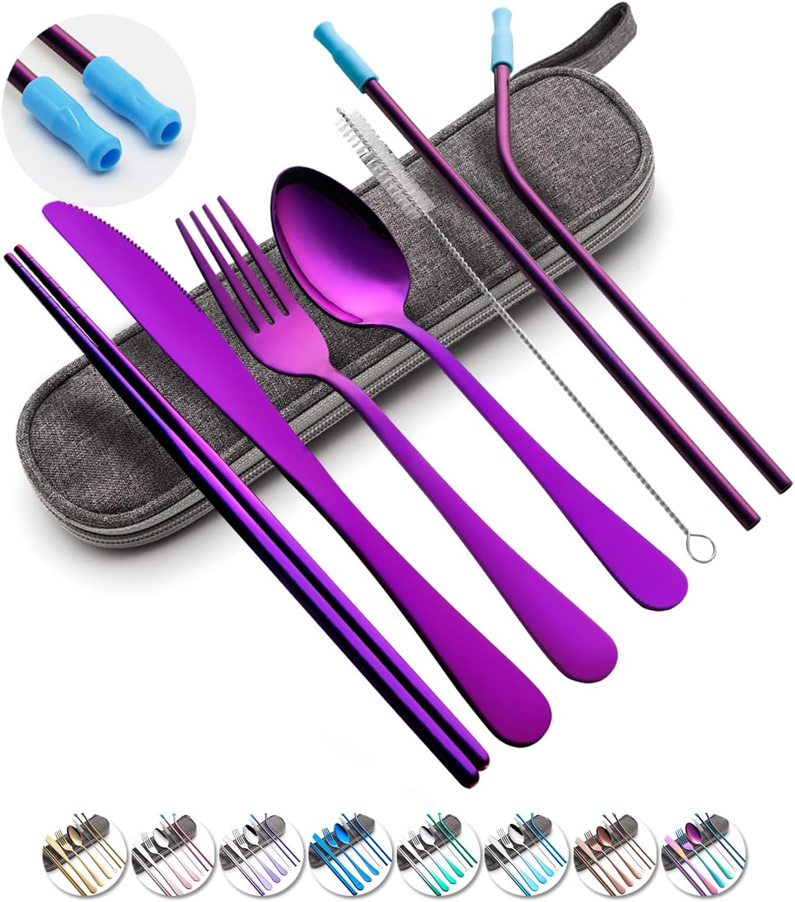 Travel Utensils Set with Case Reusable Portable Cutlery Set Stainless Steel 8pcs Including Dinner Knife Fork Spoon Chopsticks Straws(Rainbow)