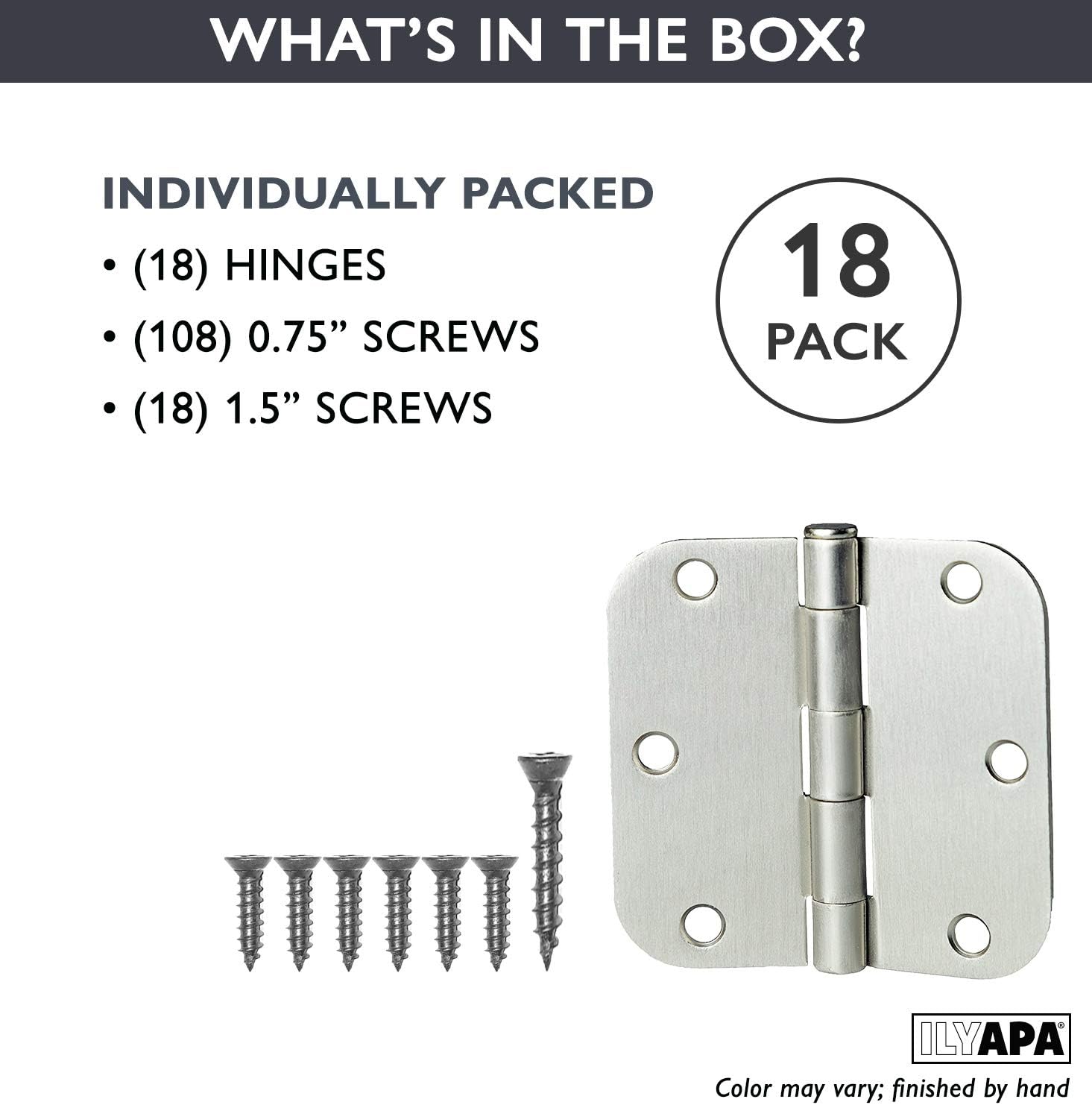 Ilyapa Door Hinges, 3.5x3.5 Inch - Satin Nickel, 18 Pack, Includes Mounting | 5/8 Inch Radius Corners, For Standard Interior Doors, Satin Nickel Finish, Screws
