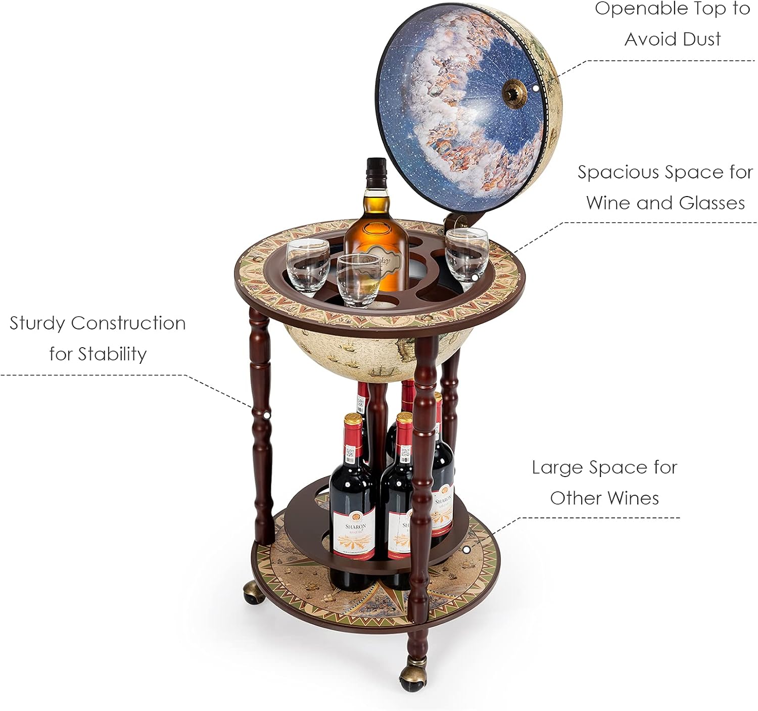 LDAILY Moccha 17” Globe Wood Wine Bar Stand, 16th Century Italian Replica Liquor Bottle Shelf w/Wheels, Wood Wine Cart Cabinet w/Bottom Shelf
