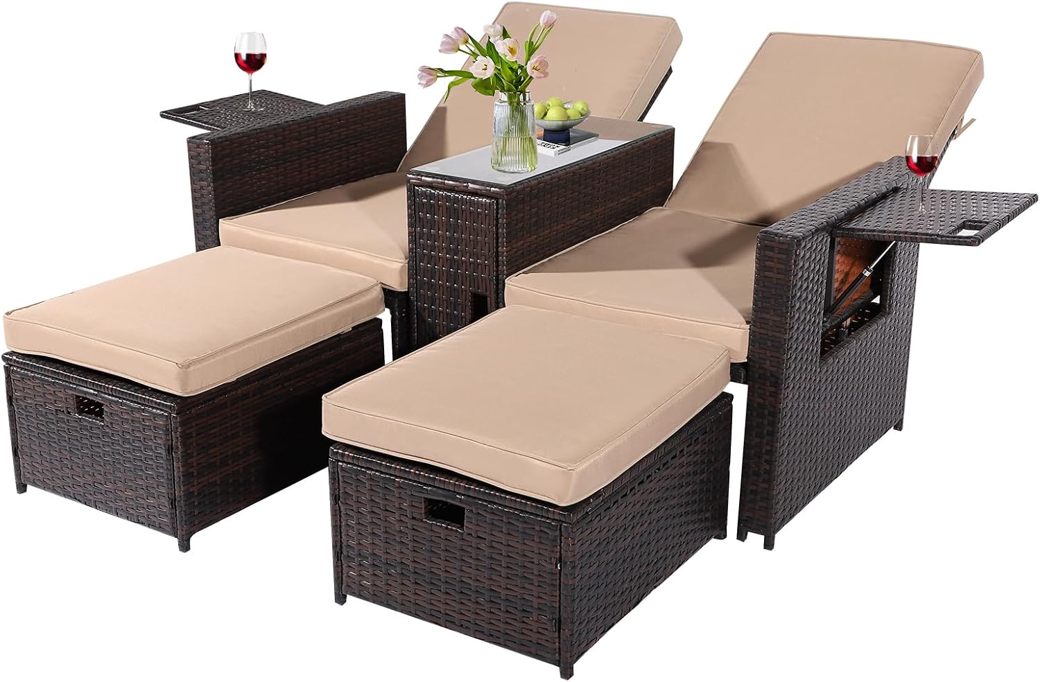 5PCS Outdoor Wicker Chaise Lounge Chair - Rattan Adjustable Reclining Patio Lounge Chair with Ottoman and Coffee Table