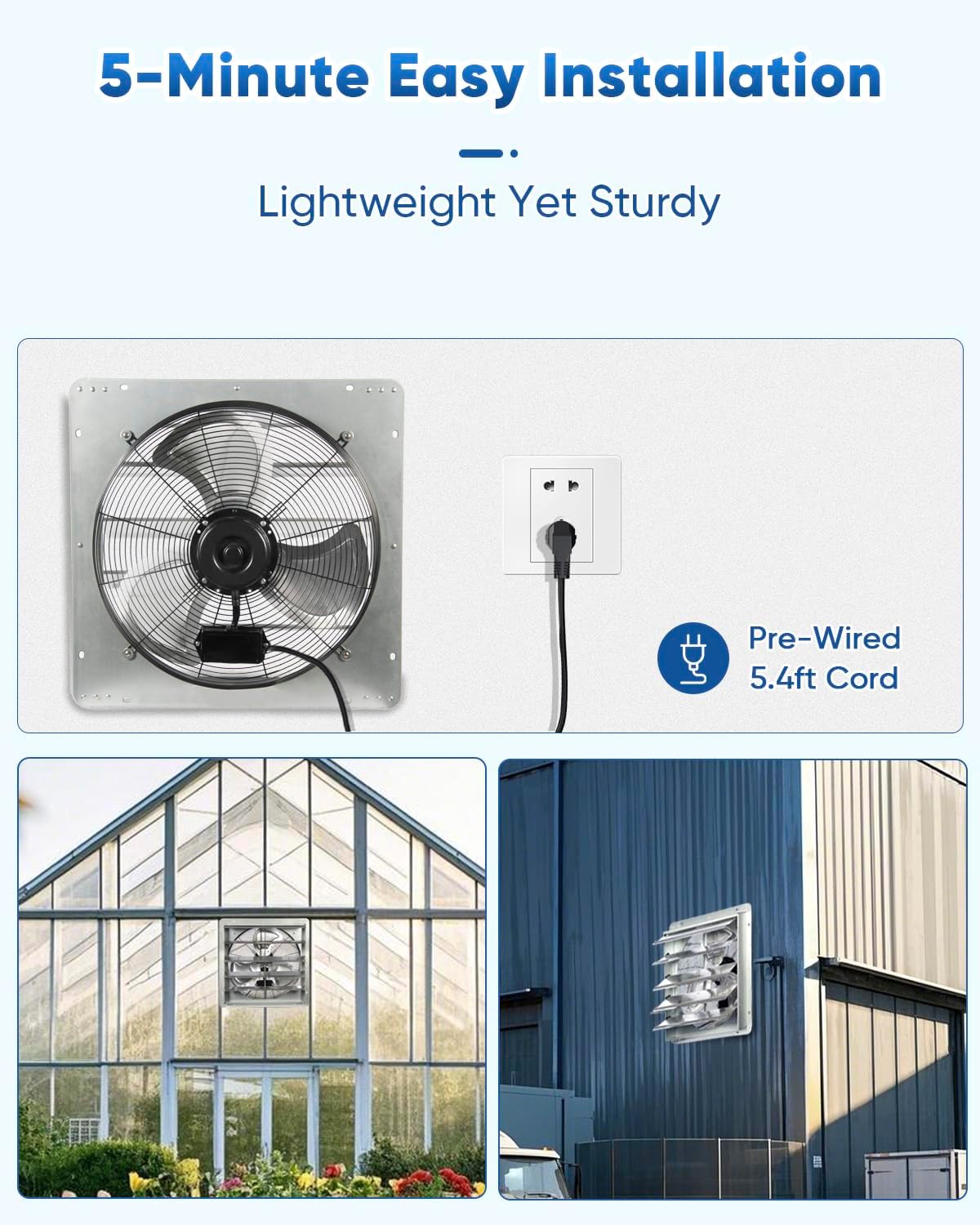 KEN BROWN 12 Inch Shutter Exhaust Fan Wall Mounted, Aluminum with 1.65 Meters Power Cord Kit, High Speed 1450CFM, Vent fan for Commercial, Greenhouse