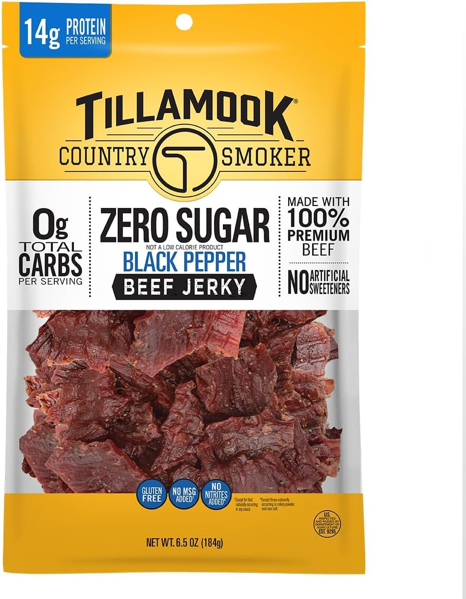 Tillamook Country Smoker Zero Sugar Original Beef Jerky Sticks, 6.5 Oz, 14g Protein, Real Hardwood Slow-Smoked, High Protein, Low Carb Meat Snacks, Keto-Friendly, 0g Sugar & Total Carbs