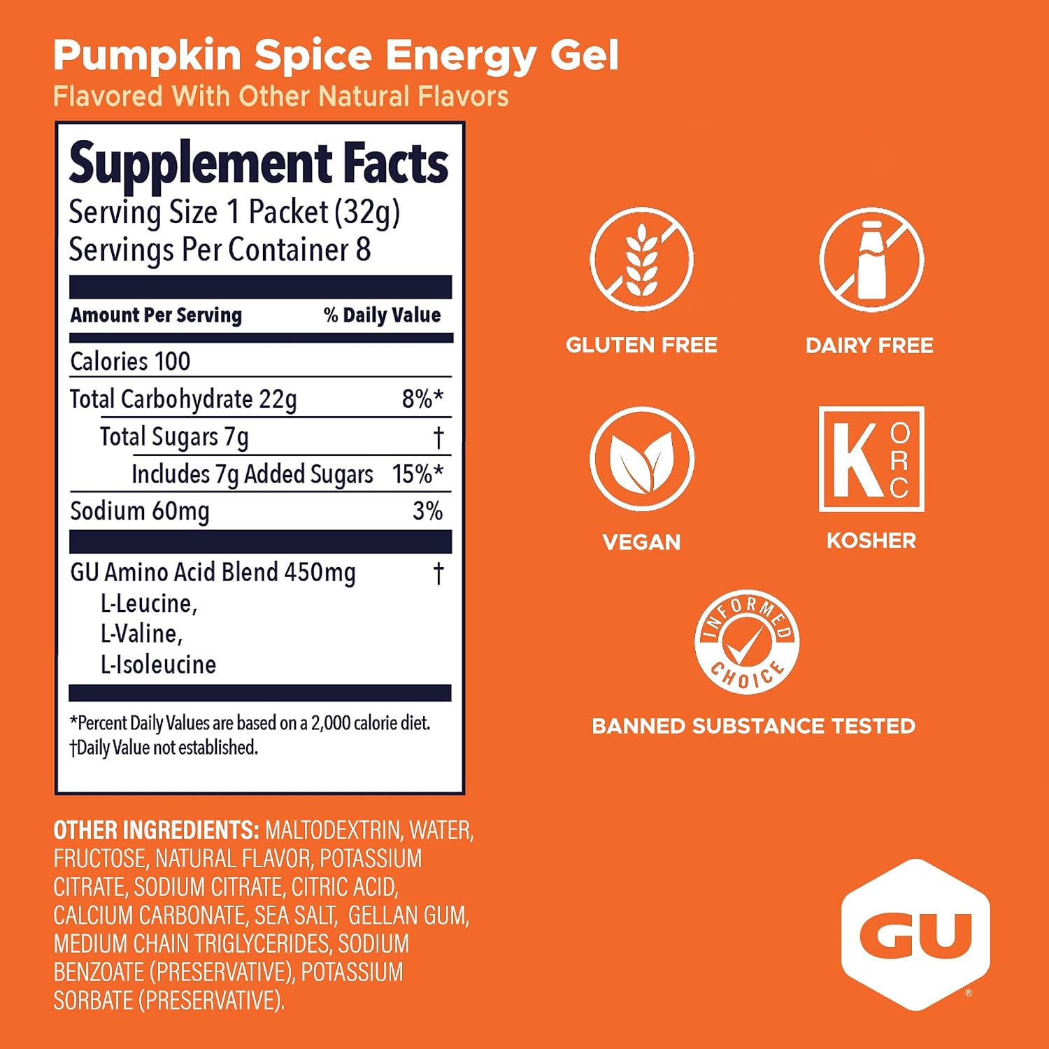 GU Energy Original Sports Nutrition Energy Gel, Vegan and Dairy-Free On-the-Go Energy for Any Workout, Vanilla Bean, 8-Count