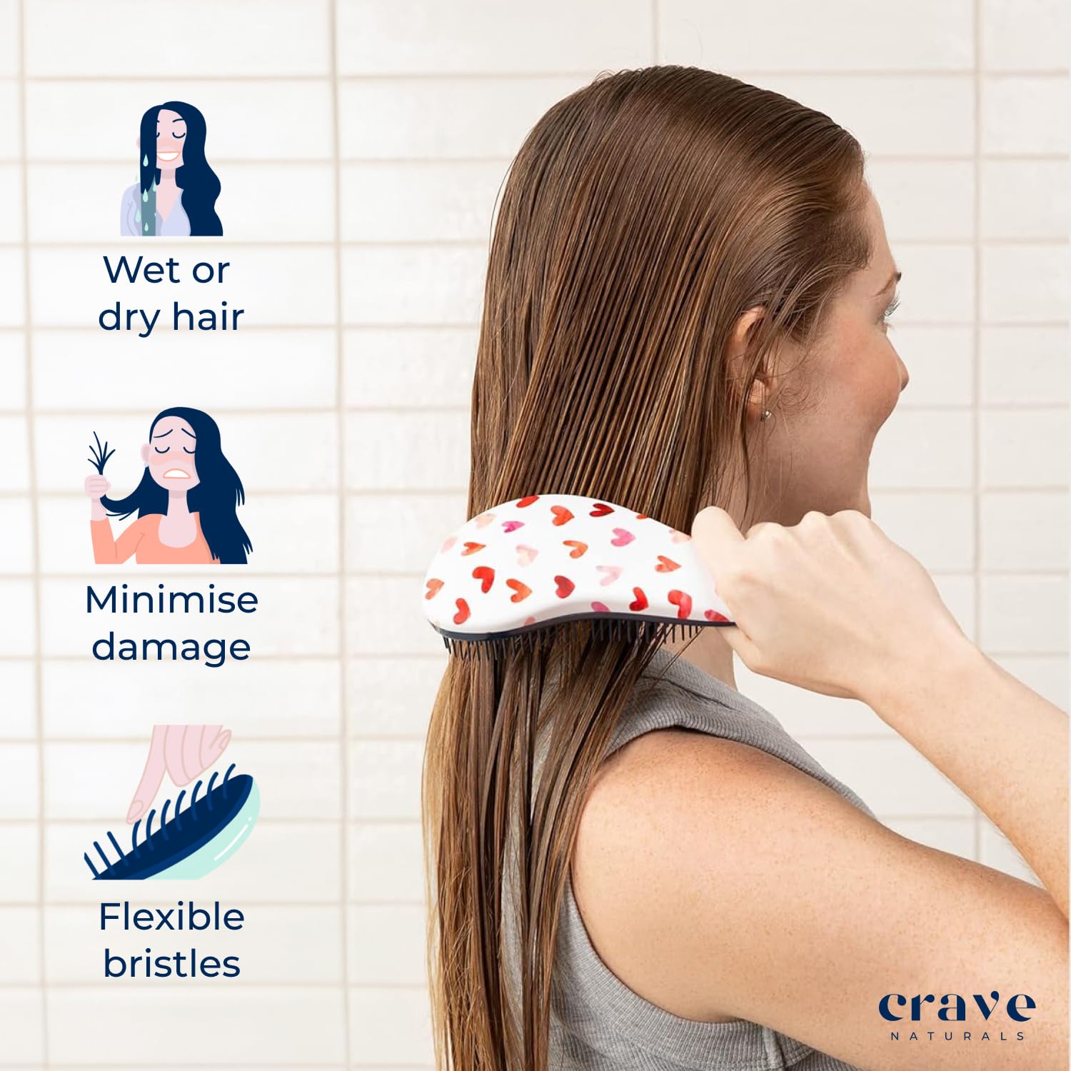 Crave Naturals Glide Thru Hair Brush - Detangler Brush for Curly, Straight, Wet or Dry Hair - Gentle Detangling Brushes for Adults, Kids, Toddlers - Hair Accessories for Women, 7.5x3" - Pink