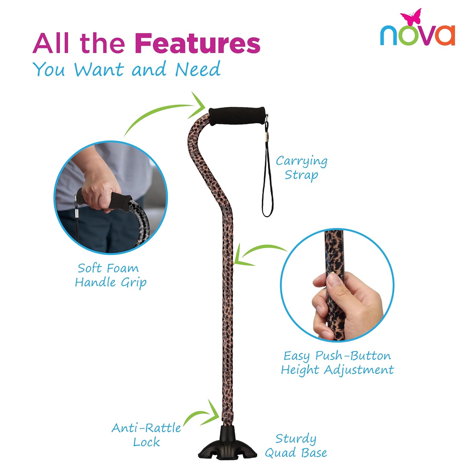 Nova Joy Designer Offset Quad Cane for Seniors - Unisex Adjustable Lightweight Walking Aid with Foam Handle, Wrist Strap and Anti-Rattle Lock - Essential Mobility Support - Maui Flowers