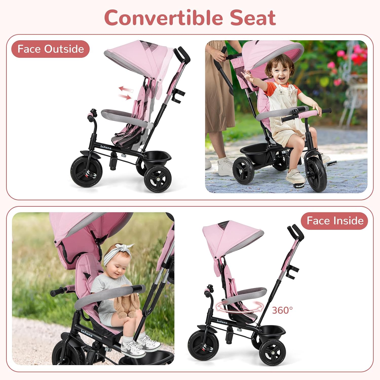 INFANS Kids Tricycle, 6 in 1 Stroll Trike with Adjustable Push Handle, Removable Canopy, Retractable Foot Plate, Lockable Pedal, Detachable Guardrail, Suitable for 10 Months to 5 Years (Blue)