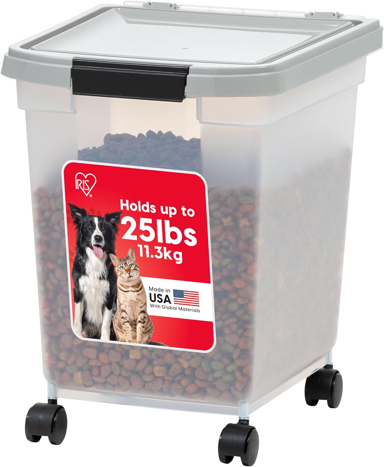 IRIS USA Dog Food Storage Container, Up to 25 lbs, Black, Made in USA | Wheels for Mobility, Airtight Seal, BPA-Free, Best for Bird Seed, Cat food, Cat Litter, Chicken Feed, Pellets