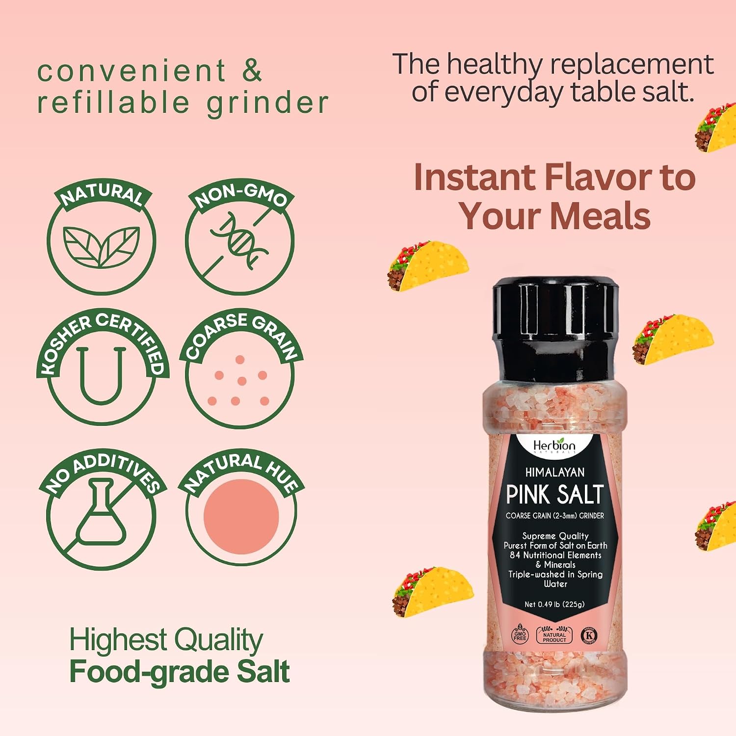 HERBION Naturals Himalayan Pink Salt Jar Fine Grain, GMO Free, Supreme Quality Chemical Free, Vegan, Kosher Certified, Fine Grain All Natural Salt